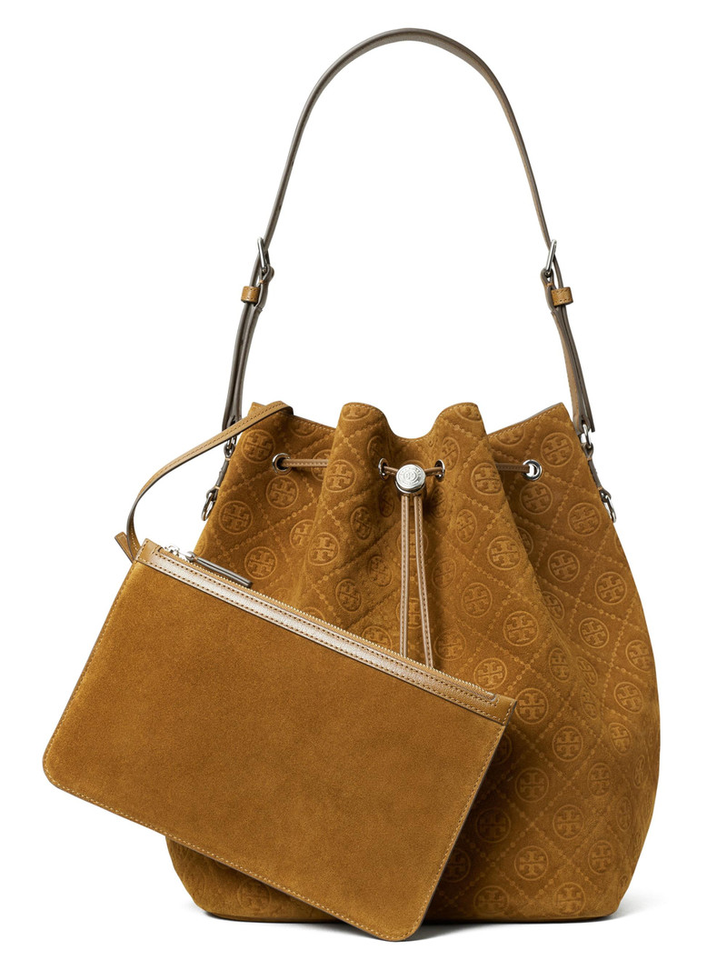 Women's T Monogram Suede Oversized Bucket Bag - Chicory Brown 5