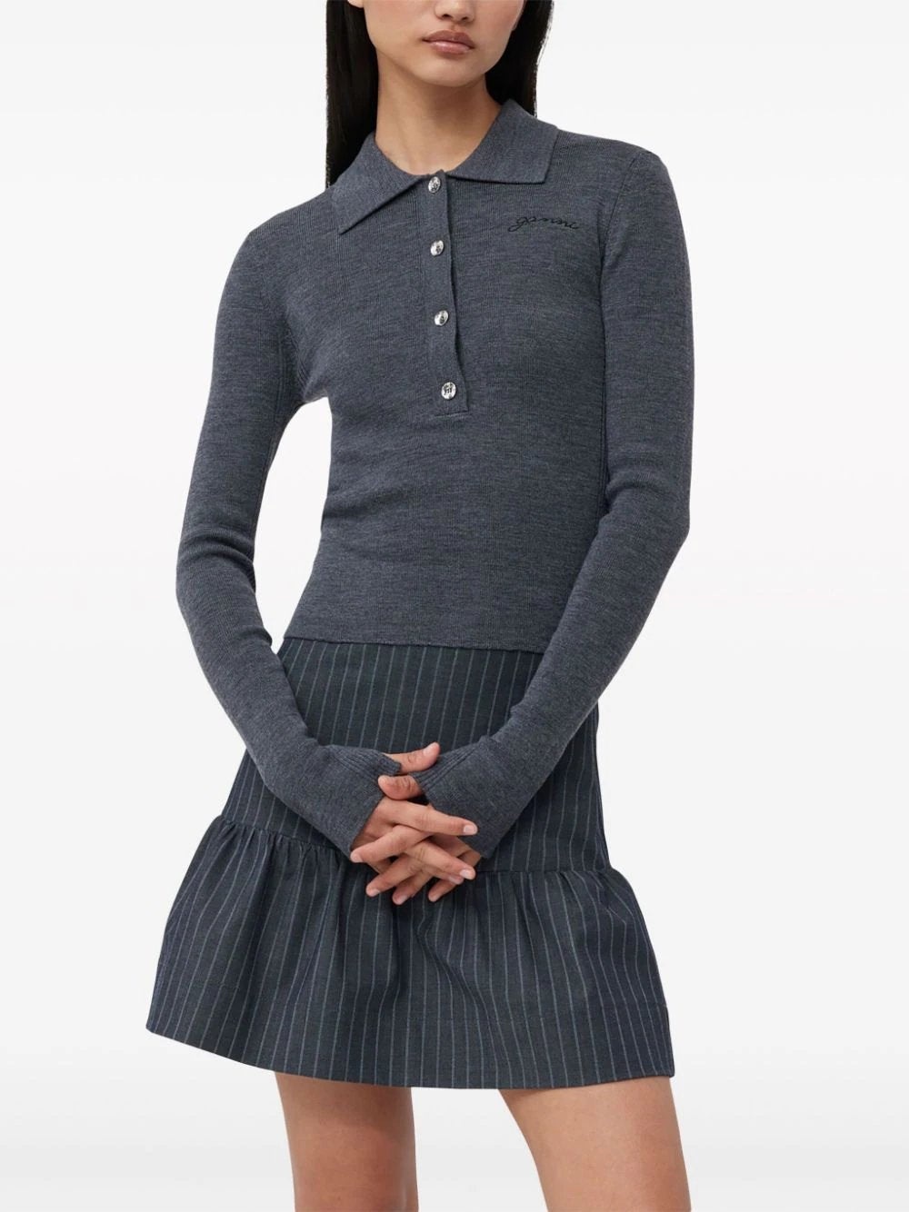 スカート GANNI Stretch Striped Flounce Mini Skirt Gray Pinstripe Stretch Striped Flounce Mini Skirt | GANNI AT