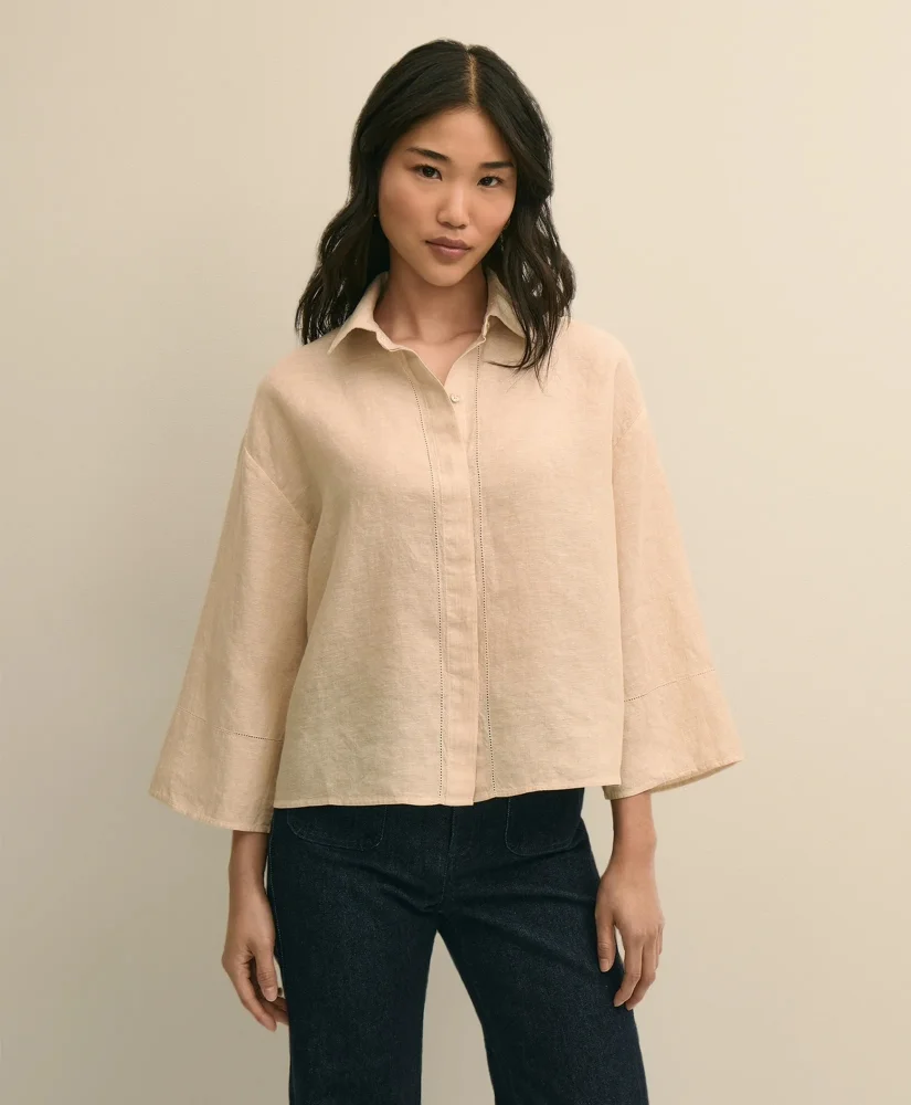 Linen Relaxed Bell-Sleeve Cropped Shirt - 1
