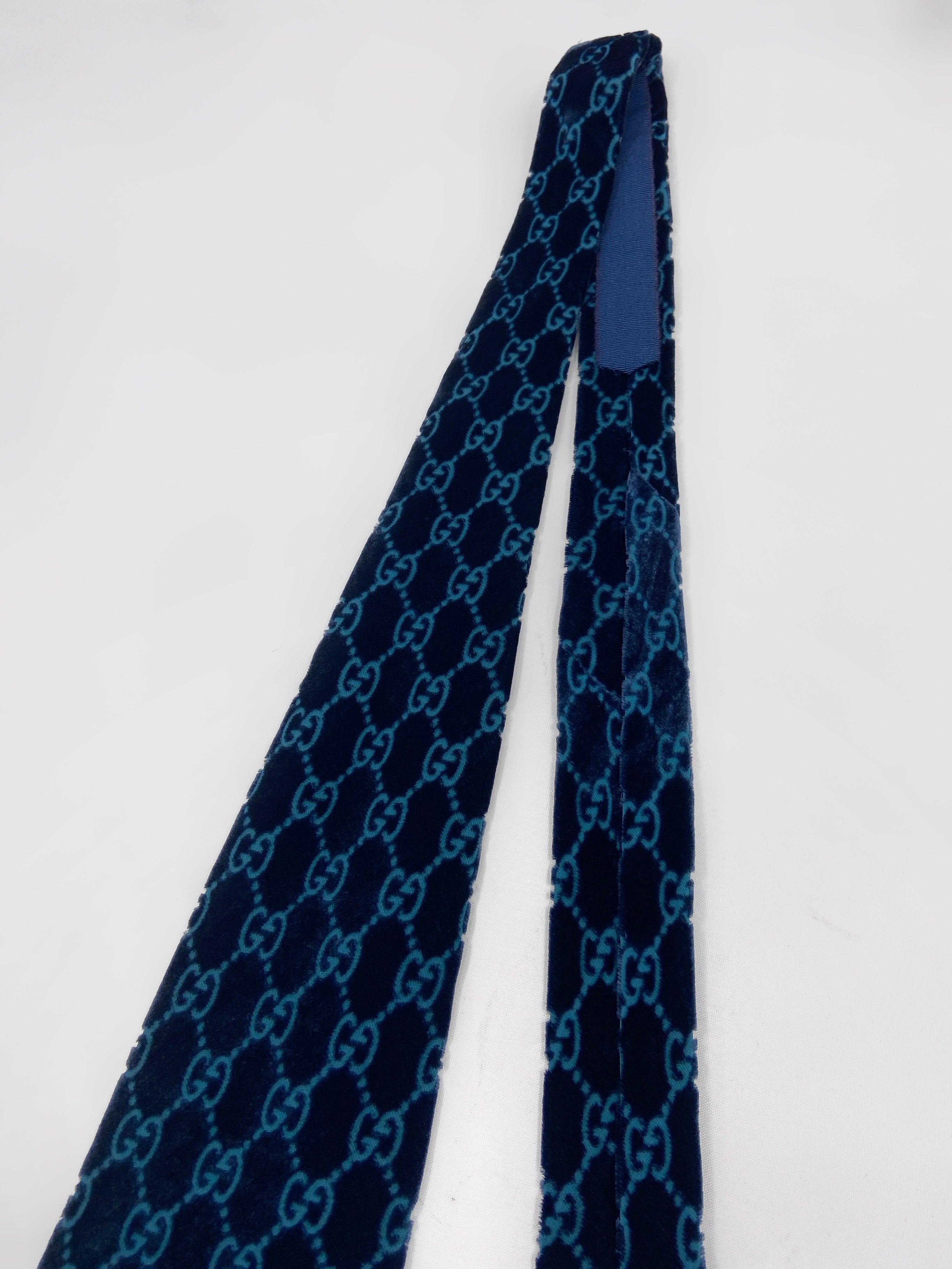 Gucci Fall 1997 Tom Ford Turquoise Monogrammed Velvet Silk Tie - 7