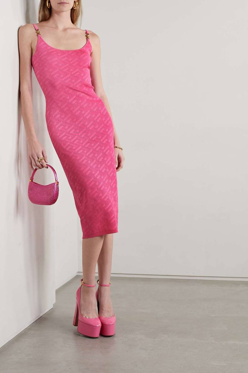 VERSACE Embellished jacquard-knit midi dress outlook
