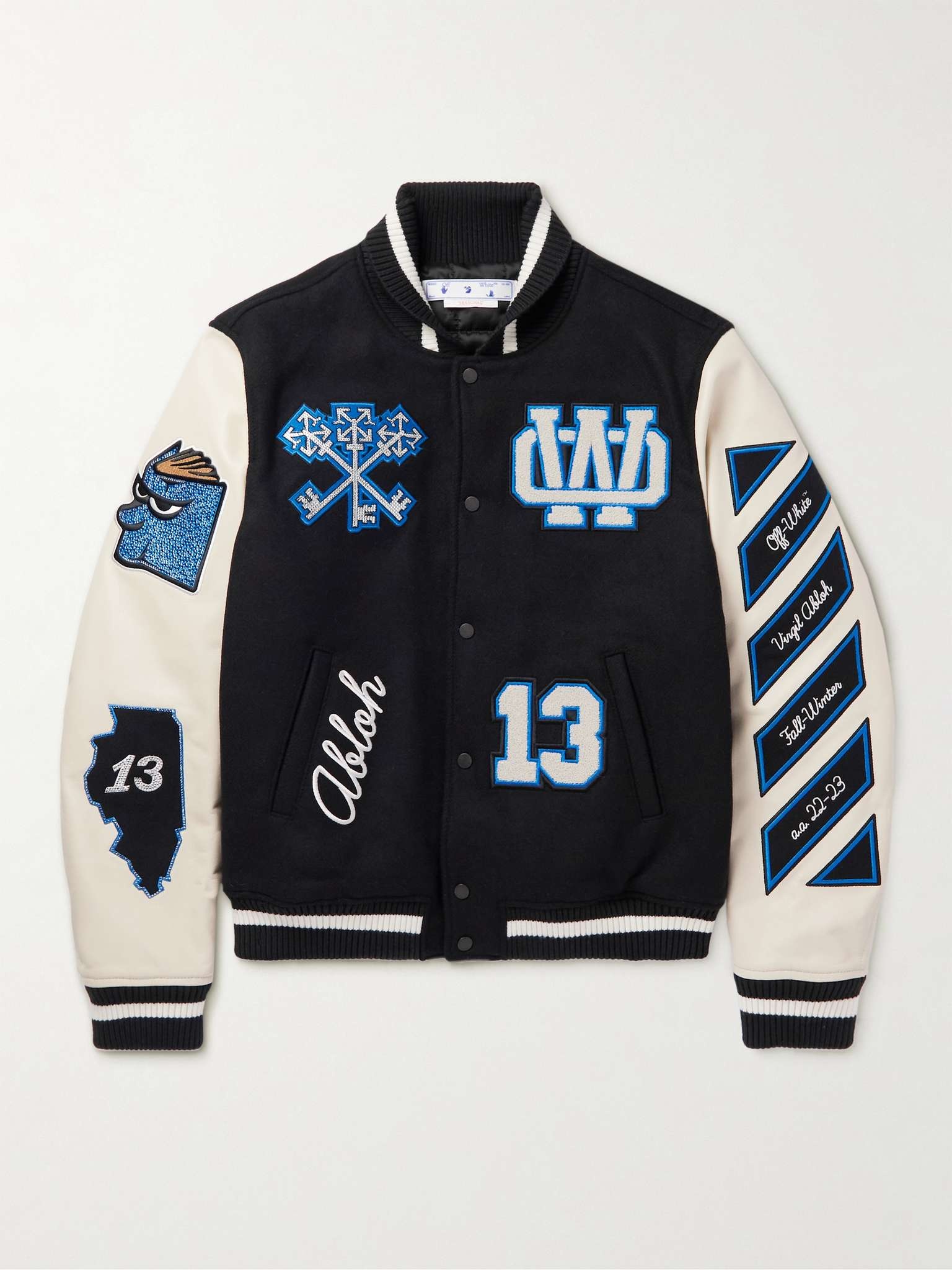 Off White Appliqued Wool Blend Felt and Leather Varsity Bomber Jacket REVERSIBLE