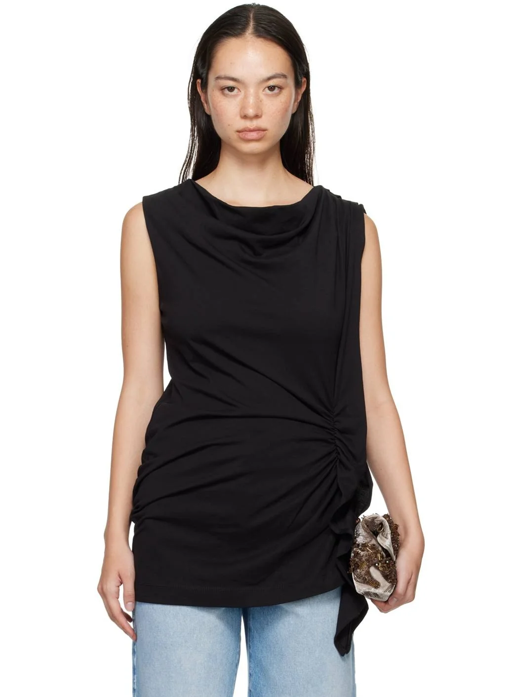 Black Ruffled Jersey Top - 1