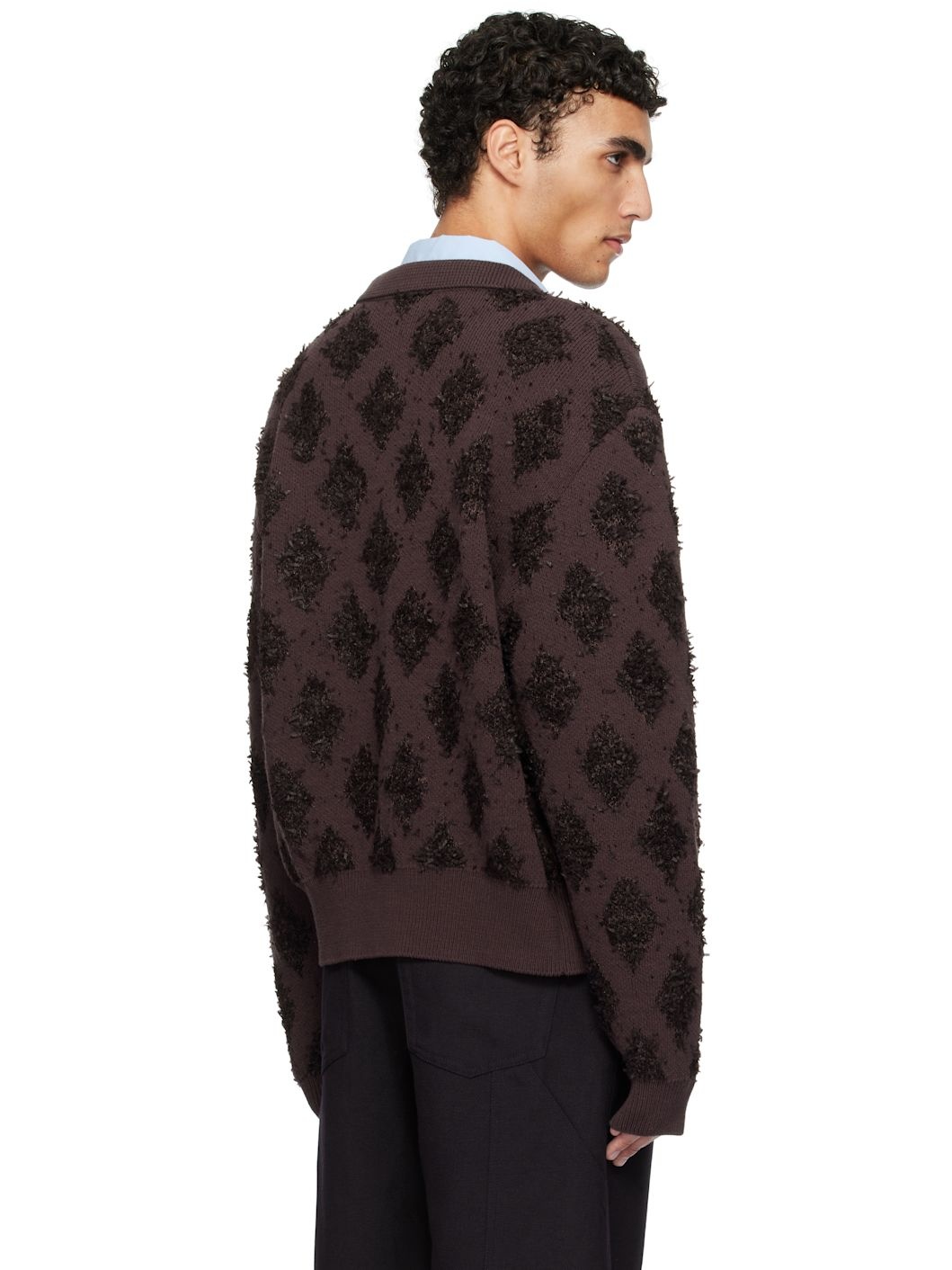 Brown Fringe Jacquard Knit Cardigan - 3