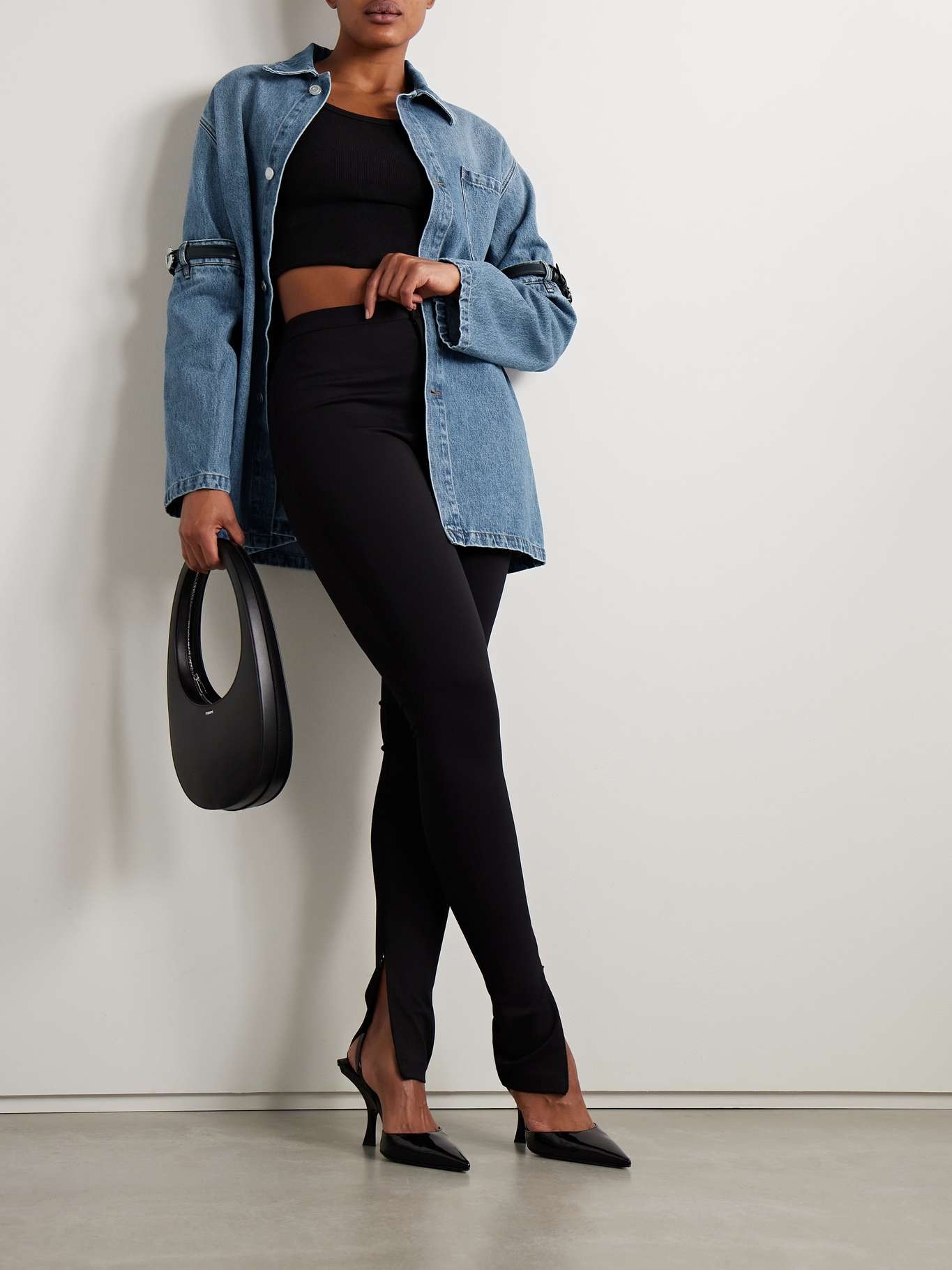 Oversized leather-trimmed paneled denim jacket - 2