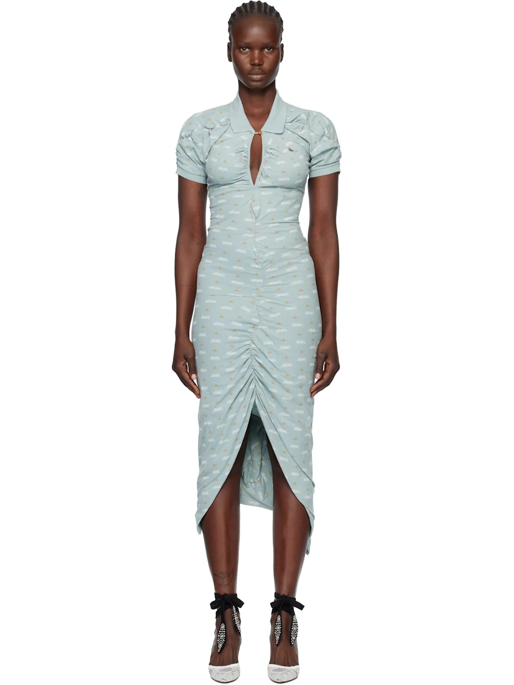 Blue Printed Piquet Pulling Midi Dress - 1