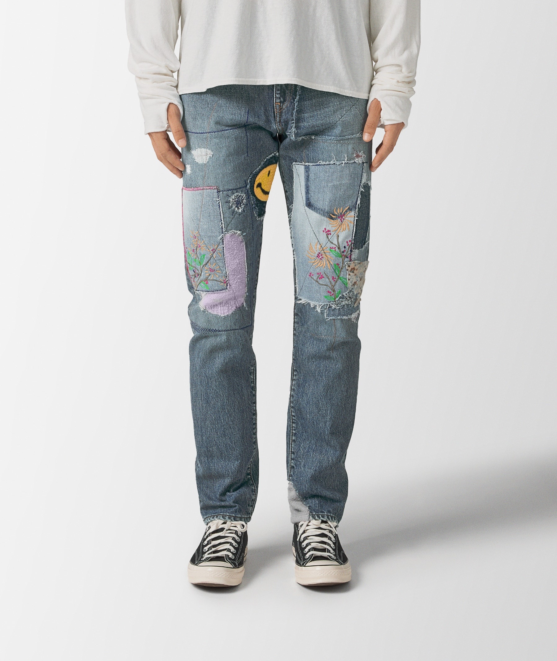 OKABILLY Straight-Leg Patchwork Embroidered Jeans