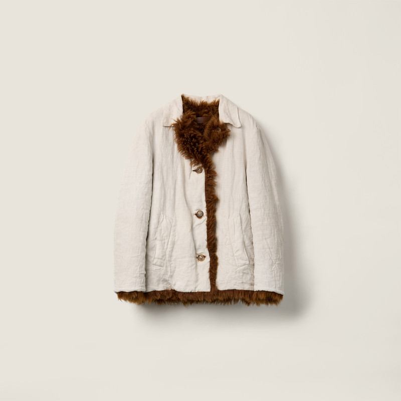 Reversible single-breasted linen and shearling jacket 1