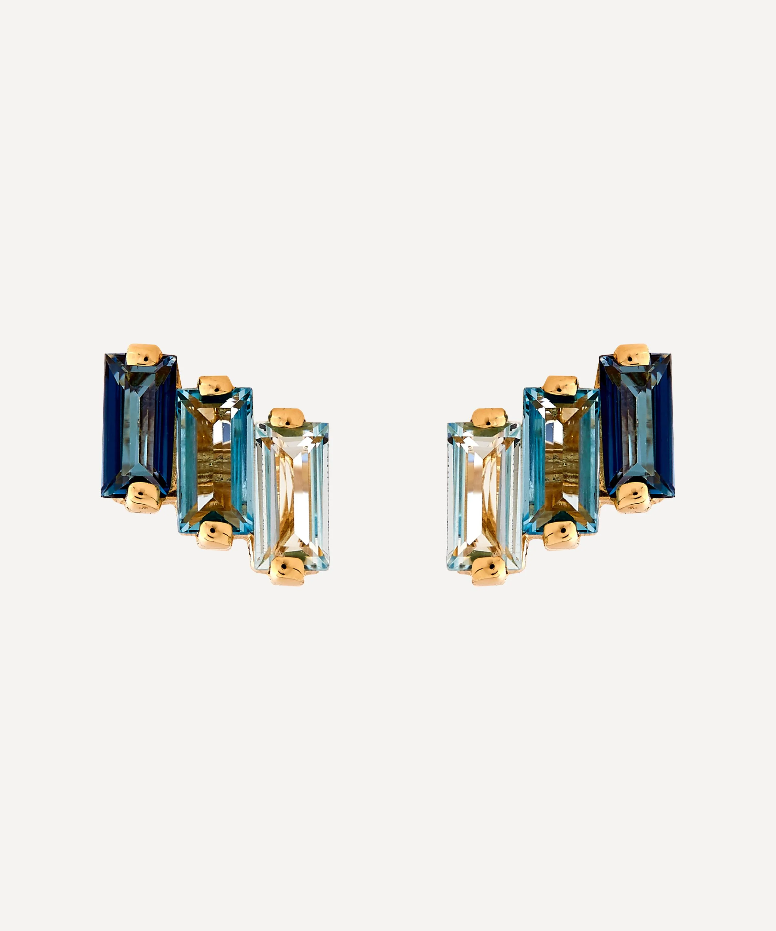 14ct Gold Multi Blue Topaz Three Baguette Stud Earrings - 1