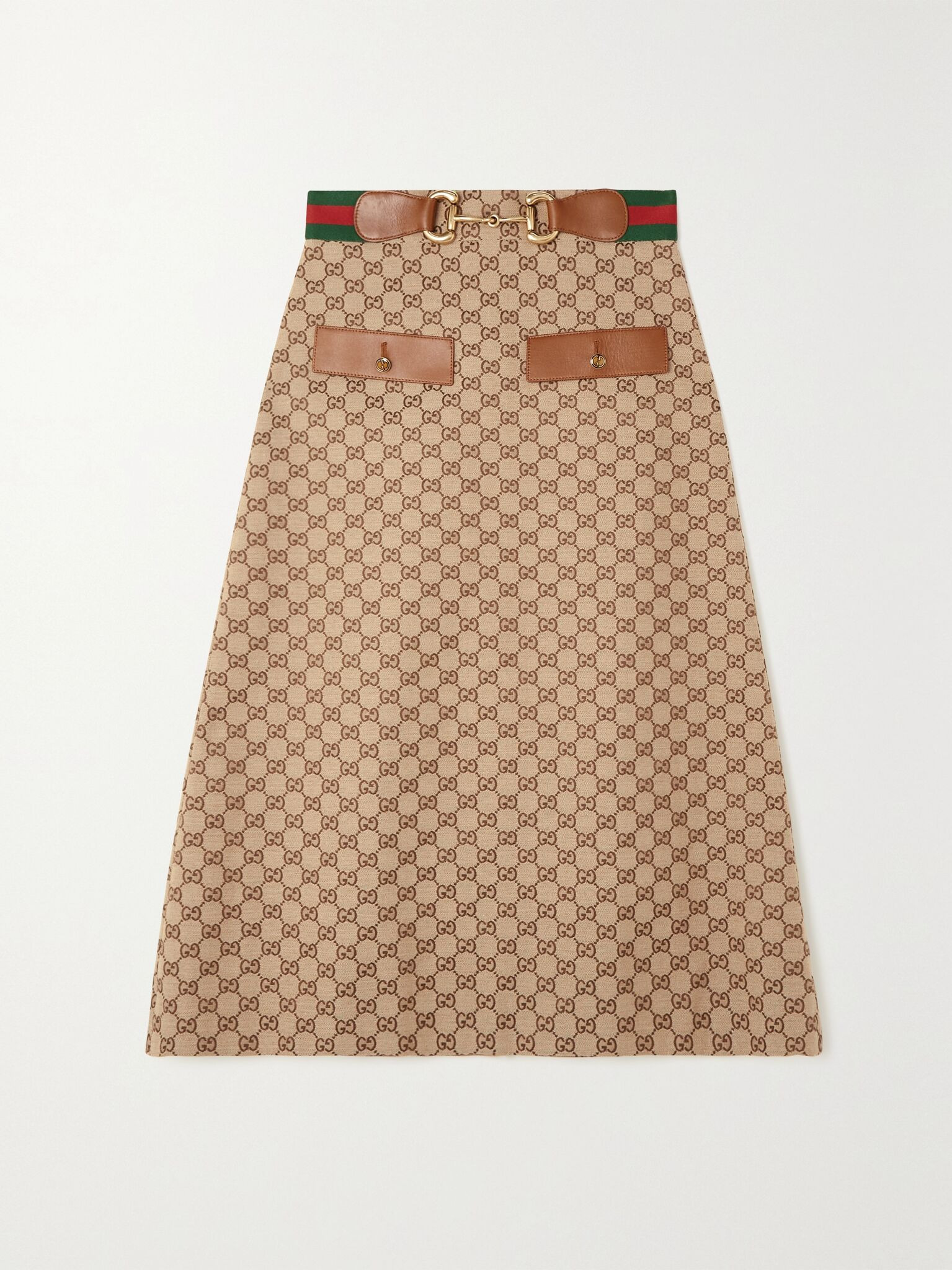 Belted leather-trimmed cotton-blend canvas-jacquard midi skirt Camel - 1