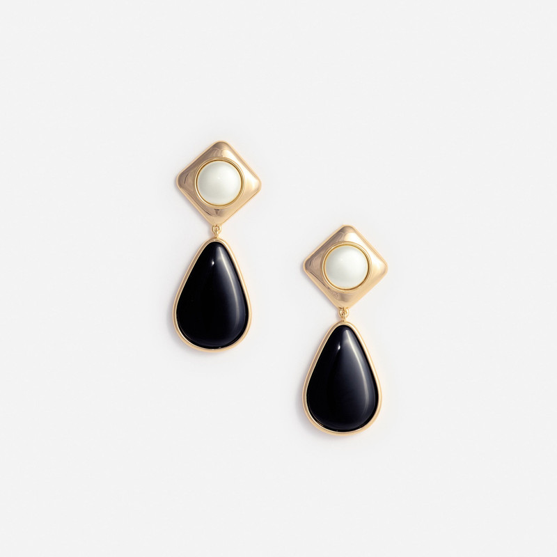 Black Enamel Gold Two Tiered Earrings - 1