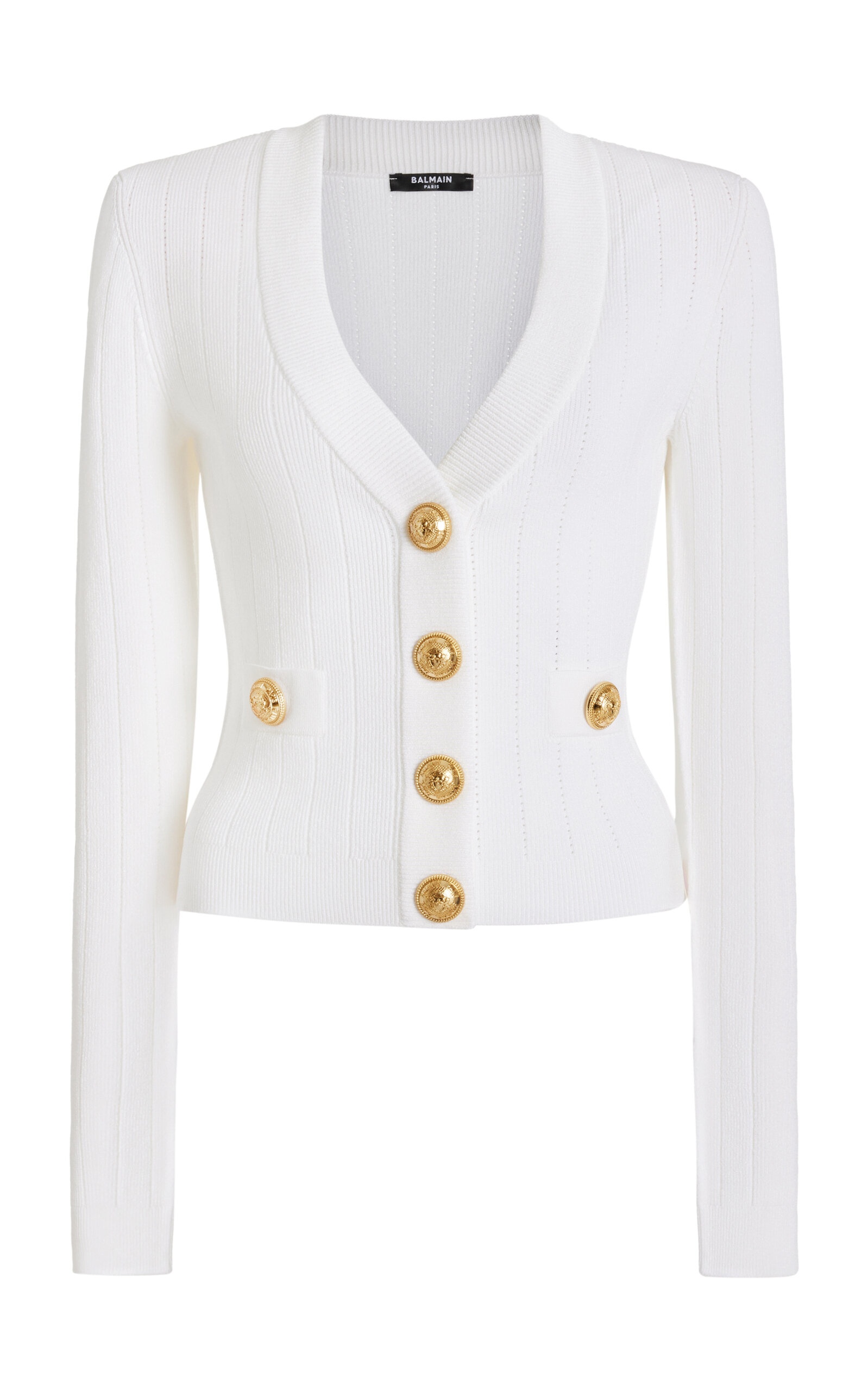 Buttoned Ribbed-Knit Cropped Cardigan white - 1