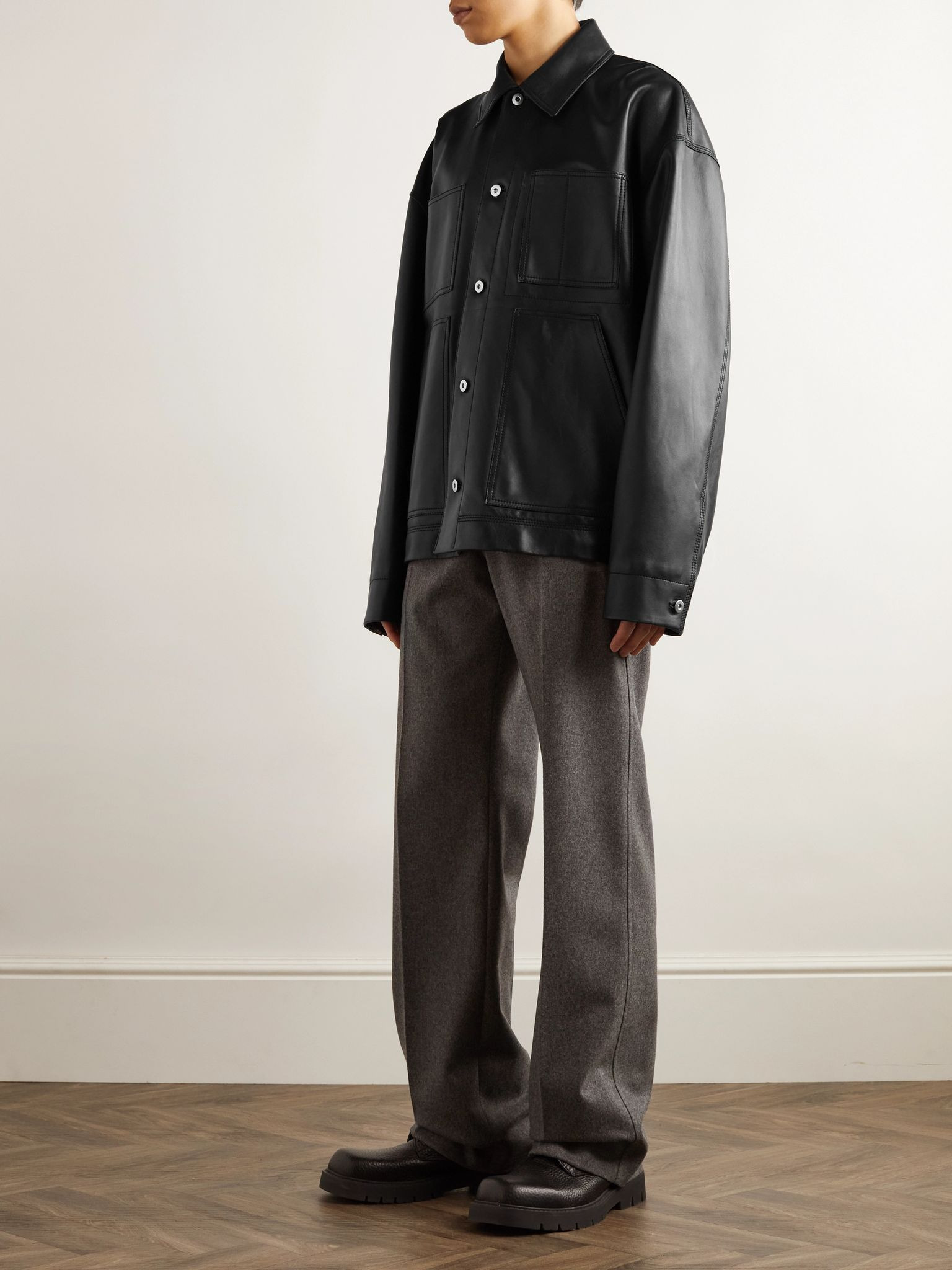 Panelled Leather Jacket Black - 2