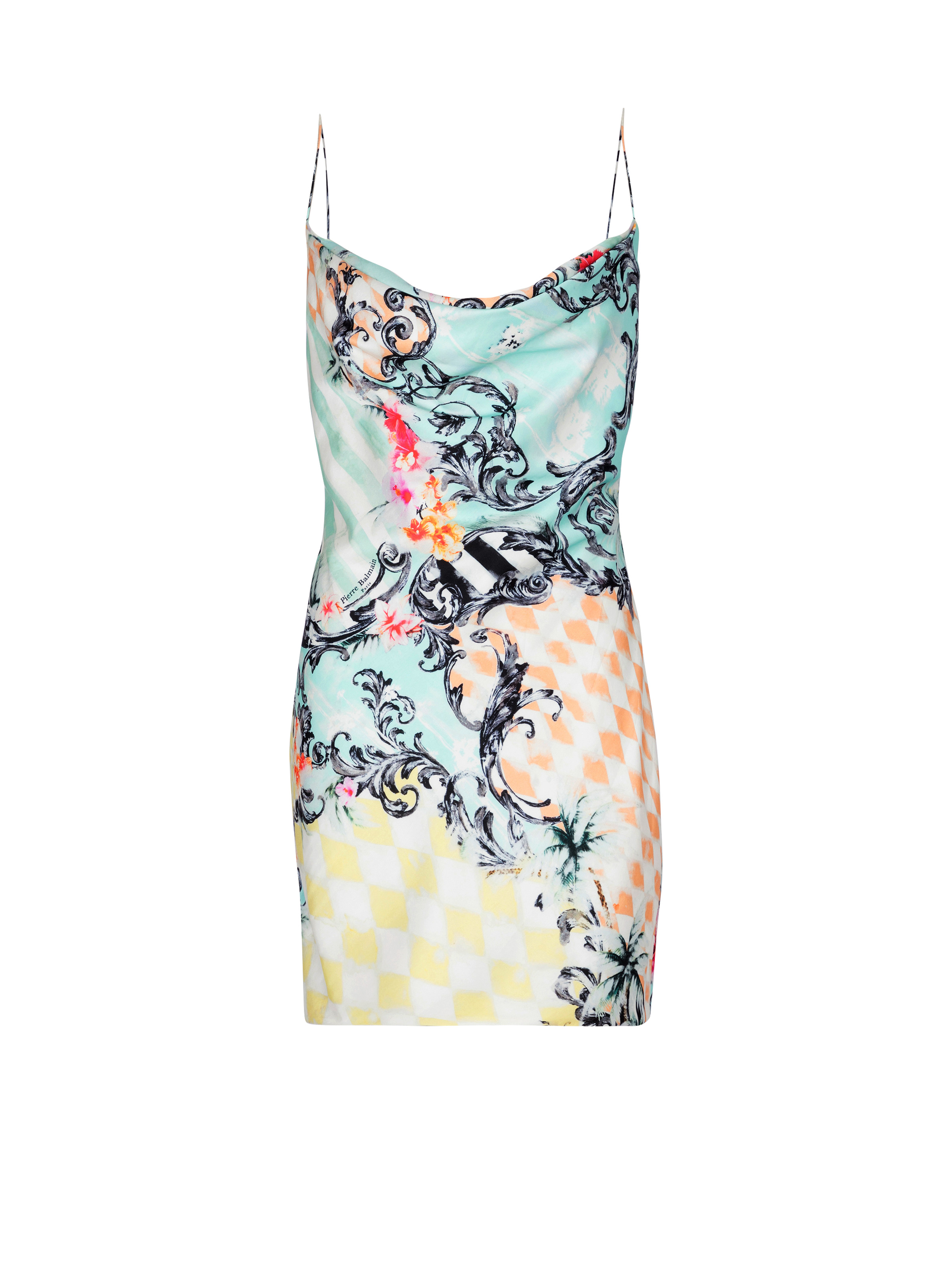 Short satin slip dress with Baroque print - 1