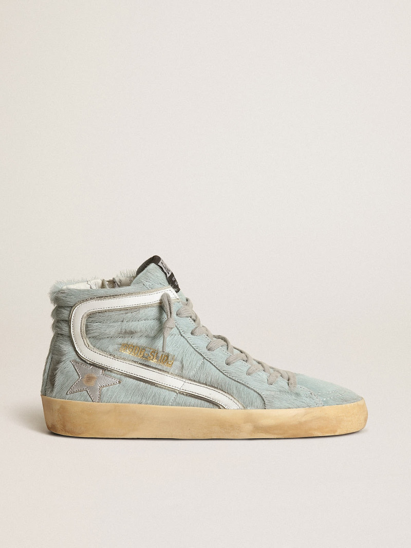 Slide sneakers in aquamarine pony skin with silver laminated leather star - 1