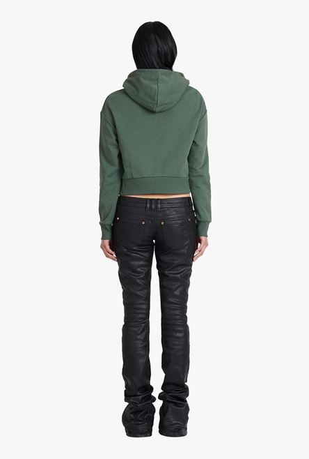Cropped dark khaki eco-designed cotton sweatshirt with flocked white Balmain logo - 3