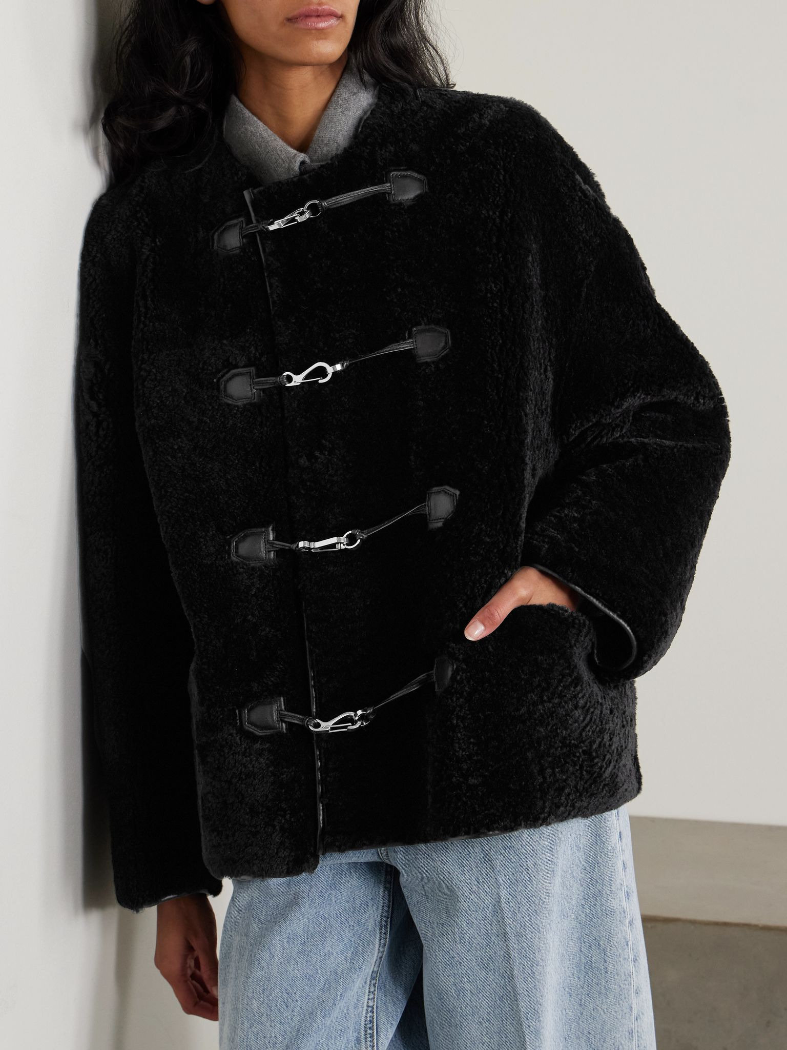 Leather-trimmed shearling jacket Black - 3