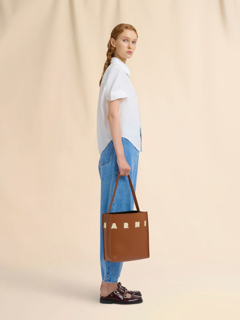 BROWN WHITE LEATHER MUSEO HOBO BAG WITH PATCHES - 2