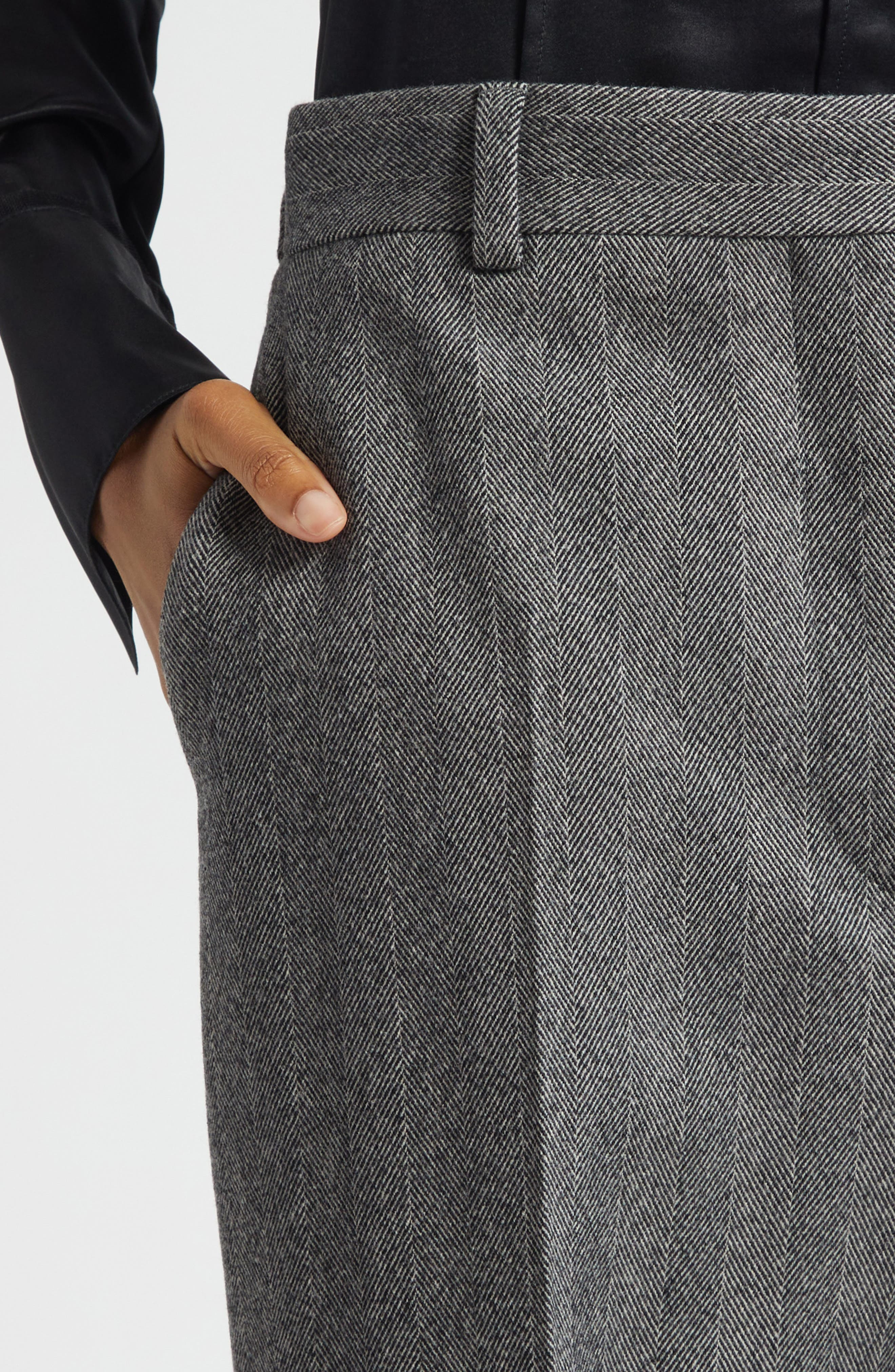 FERRAGAMO Herringbone Virgin Wool Blend Wide Leg Trousers in Nero/White Sand at Nordstrom - 5