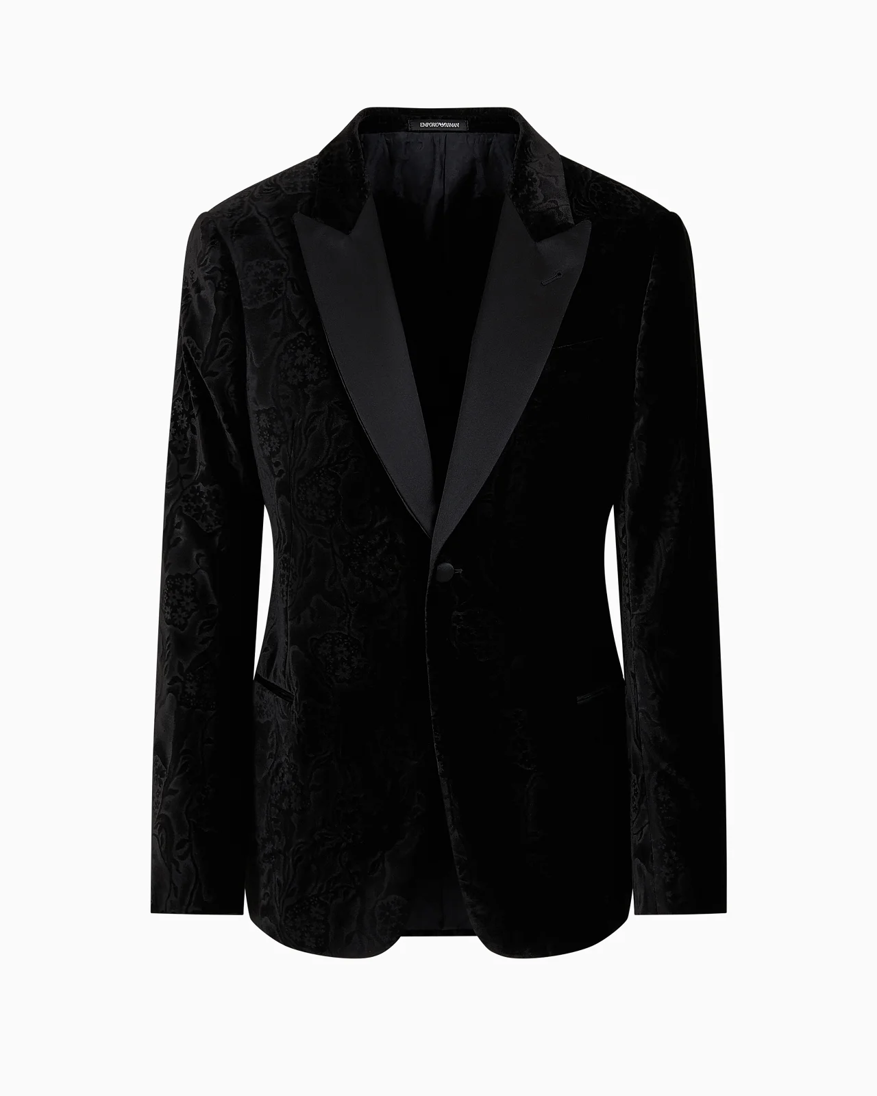 Slim-fit velvet tuxedo jacket with all-over printed motif - 1