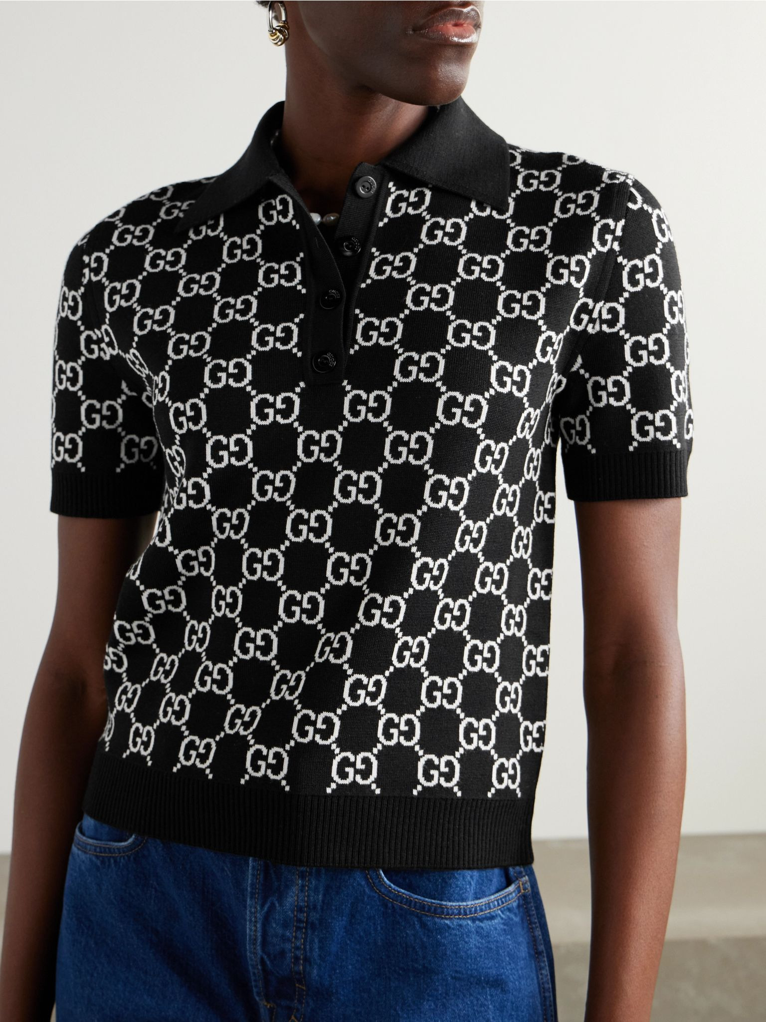 Reversible logo-jacquard wool-blend polo shirt Black - 3