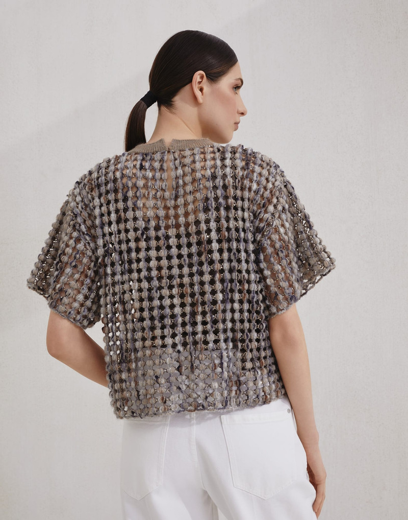Brunello Cucinelli Virgin wool, cashmere and mohair balloon net embroidery knit T-shirt outlook