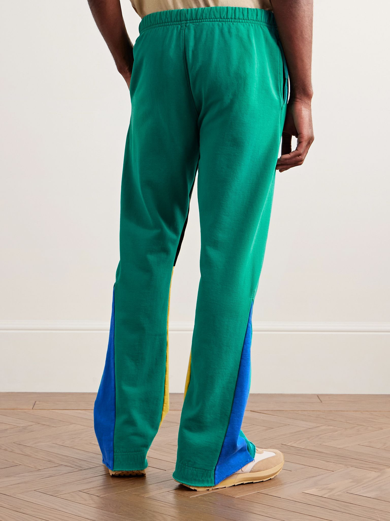 Flared Denim-Panelled Logo-Print Cotton-Jersey Sweatpants Green - 4