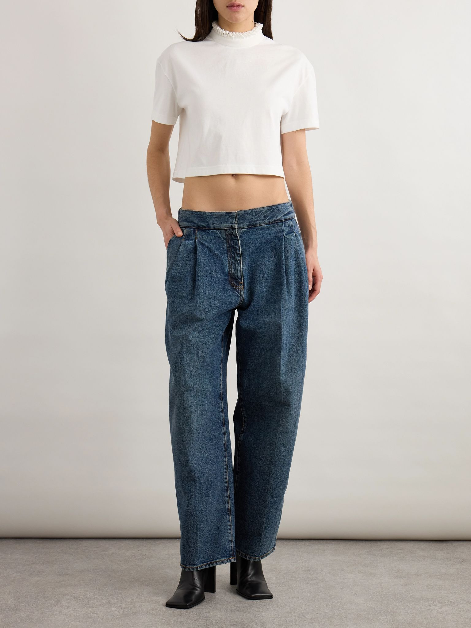 Cropped ruffled cotton-jersey turtleneck T-shirt White - 2
