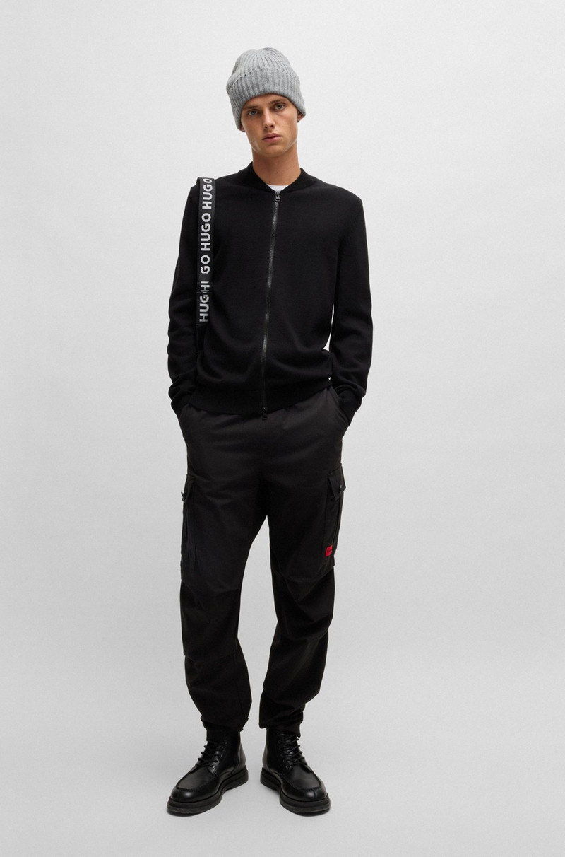 HUGO KNITTED-COTTON BOMBER-STYLE CARDIGAN WITH RED LOGO LABEL outlook