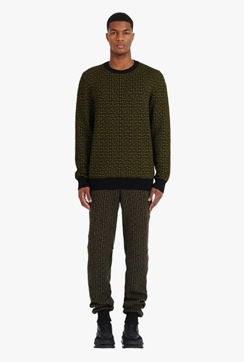 Khaki and black wool sweater with Balmain monogram 4