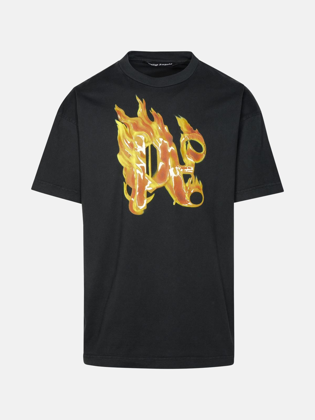 'BURNING MONOGRAM' BLACK COTTON T-SHIRT - 1