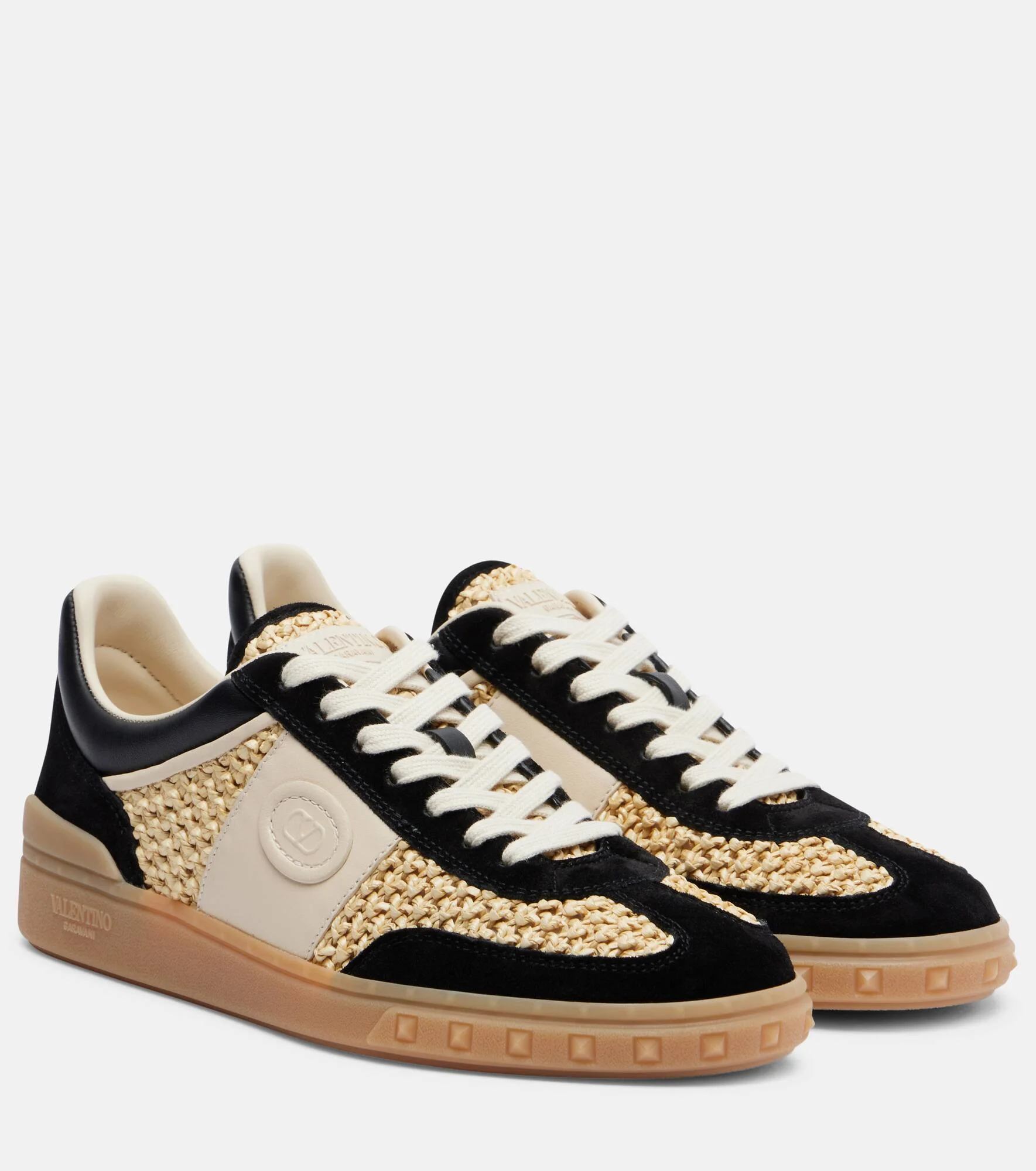 VLogo leather-trimmed raffia sneakers - 1