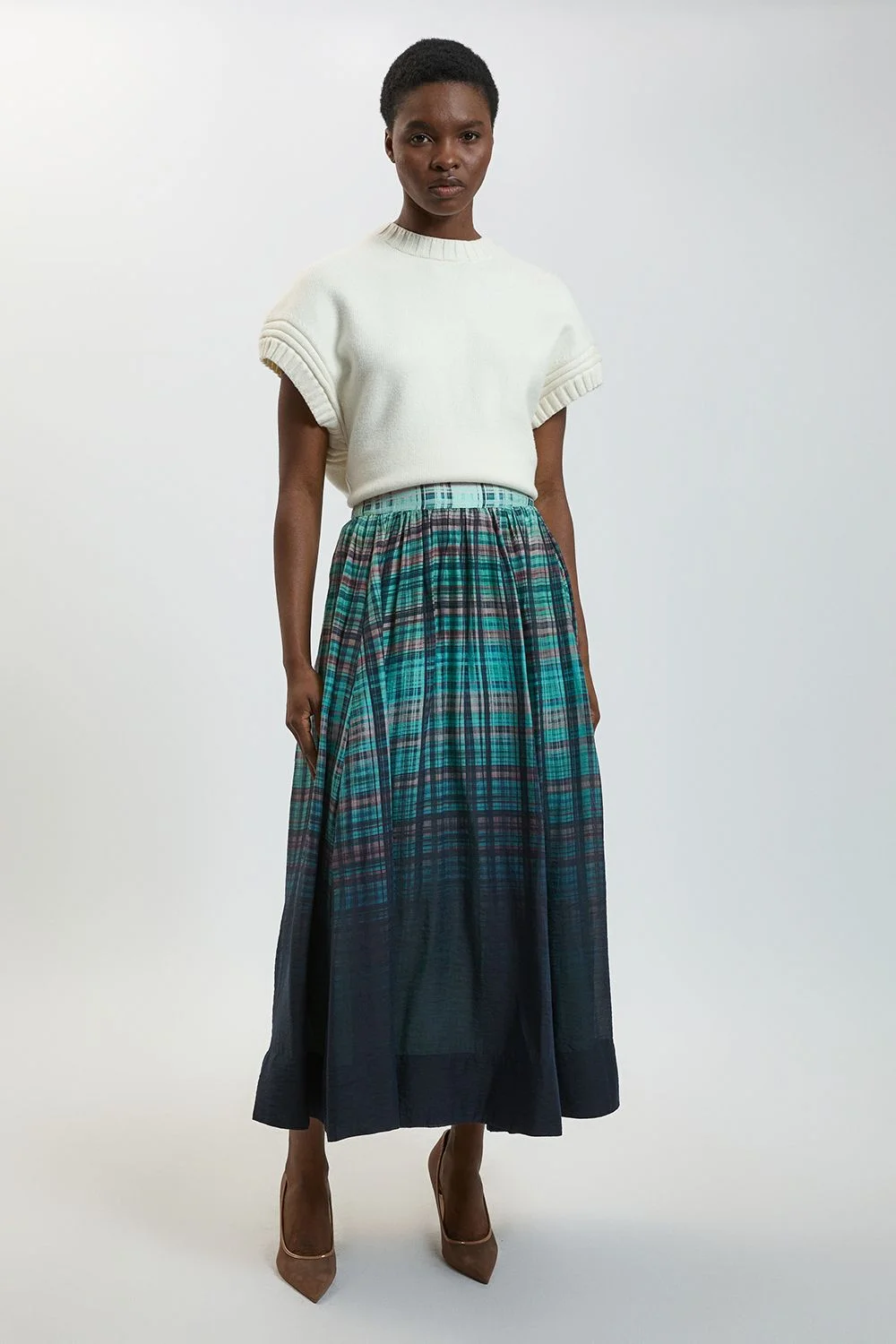 Blue Check Fluid Organza Maxi Skirt - 1