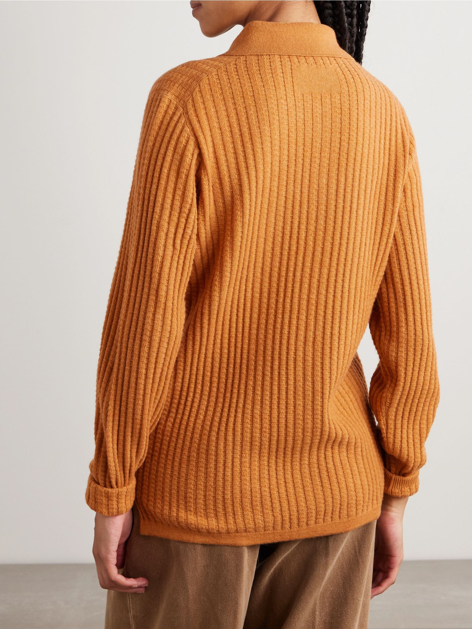 Ribbed waffle-knit cashmere polo sweater Mustard - 4