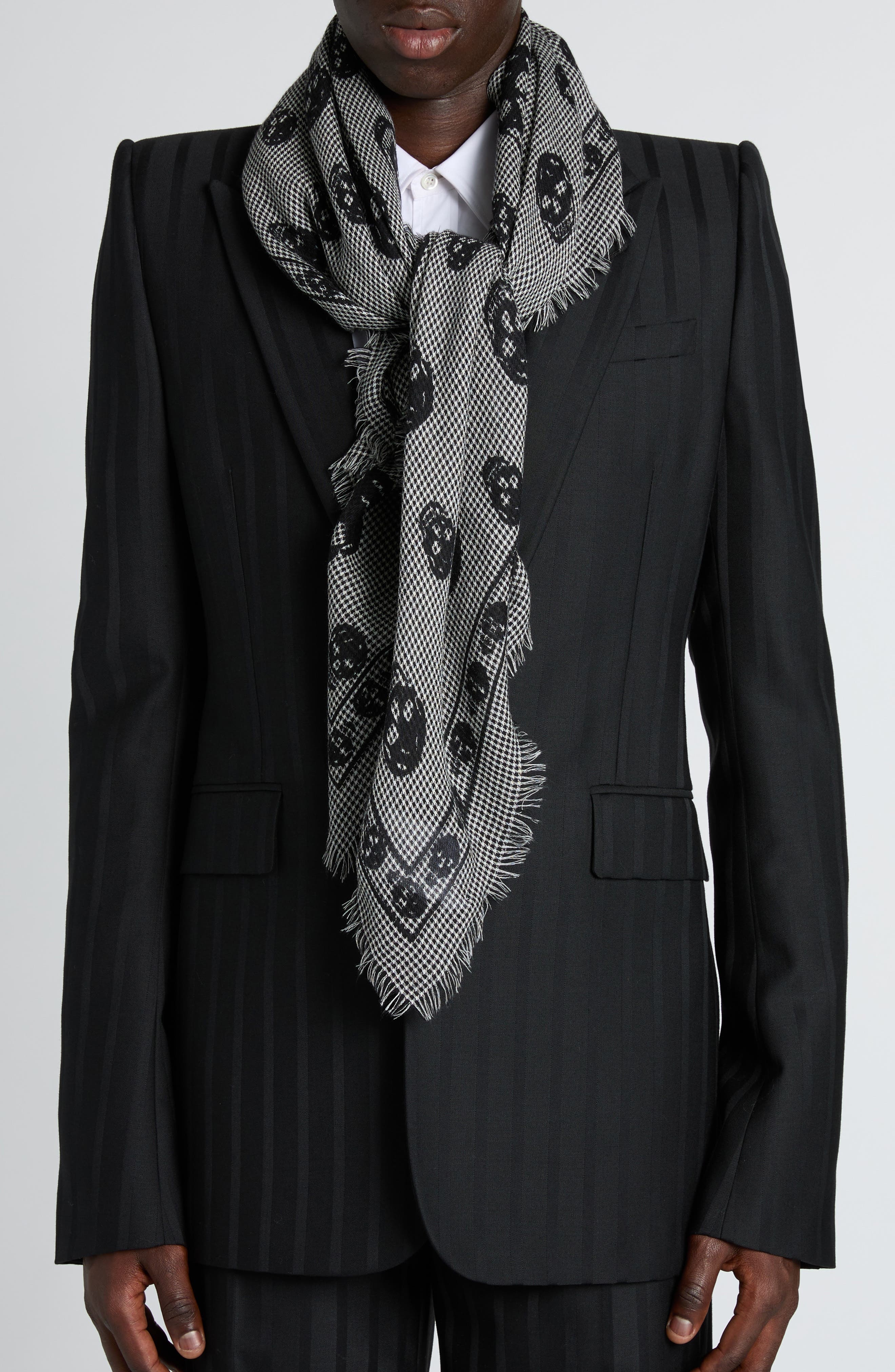 McQueen Skull Houndstooth Wool & Silk Fringe Scarf in Black/Ivory at Nordstrom - 1