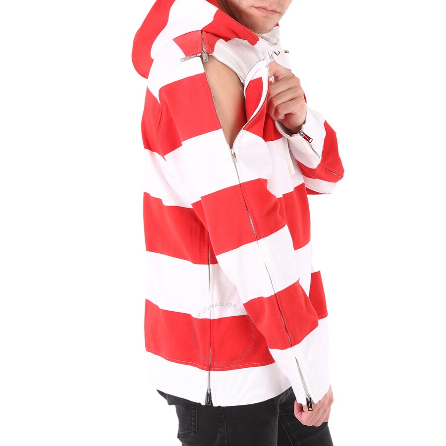 Burberry Men's Red Zip Detail Striped Cotton Hoodie - 4