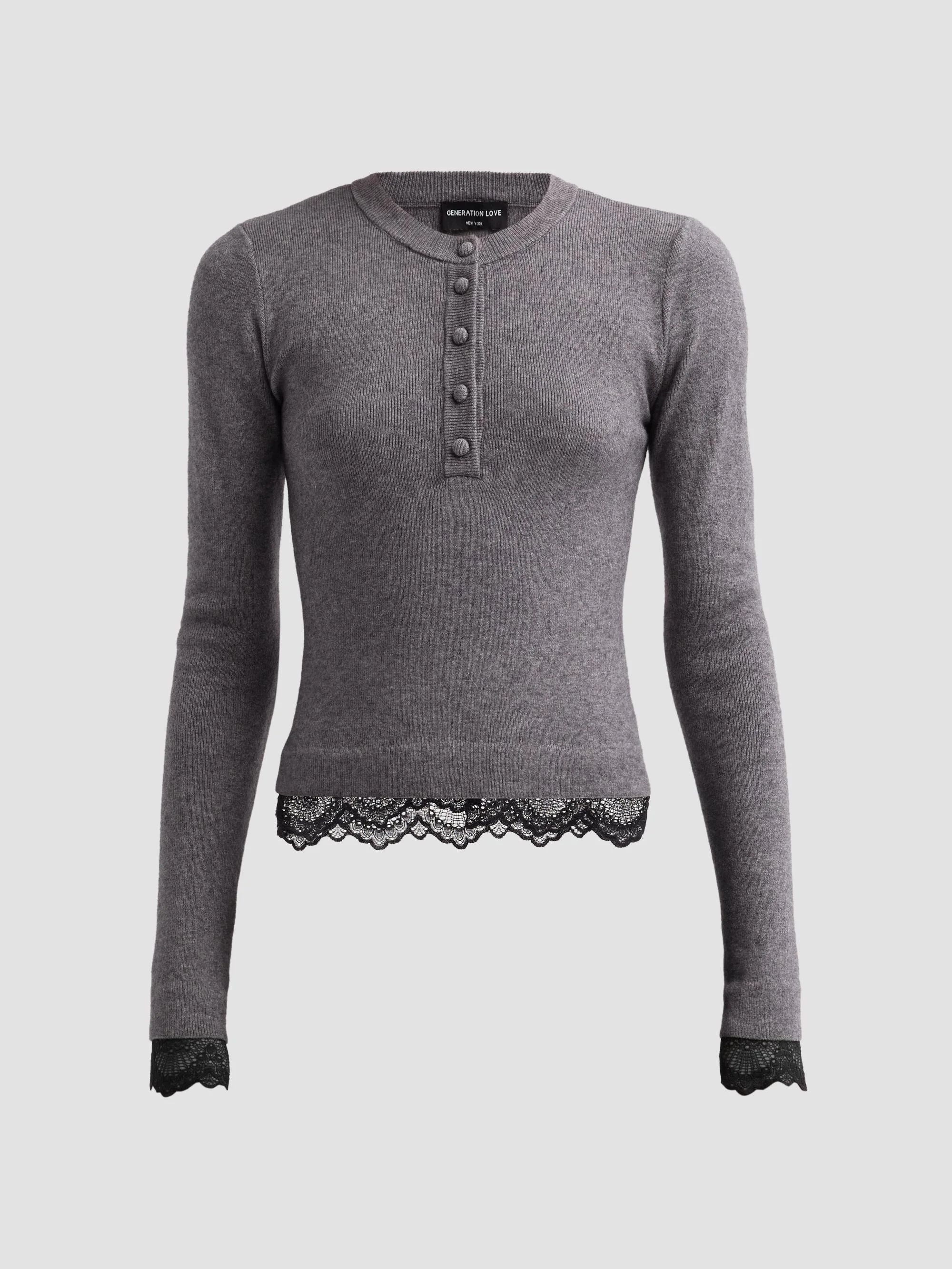 Women's Olivia Lace-Trim Henley Sweater - Heather Charcoal Black - 1