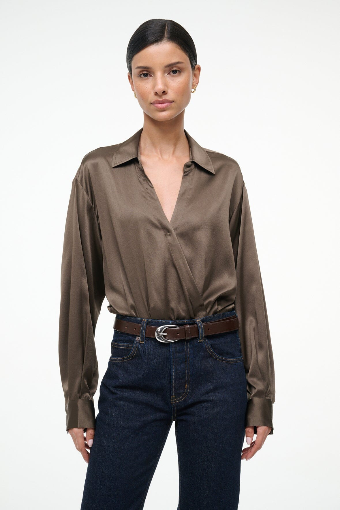STAUD EVE SILK BODYSUIT TAUPE - 2