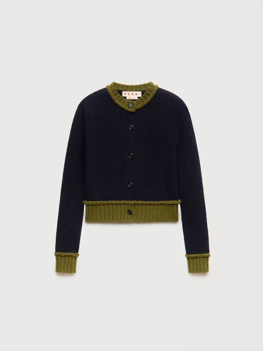 DEEP BLUE WOOL BLEND CARDIGAN WITH CONTRAST TRIMS - 1