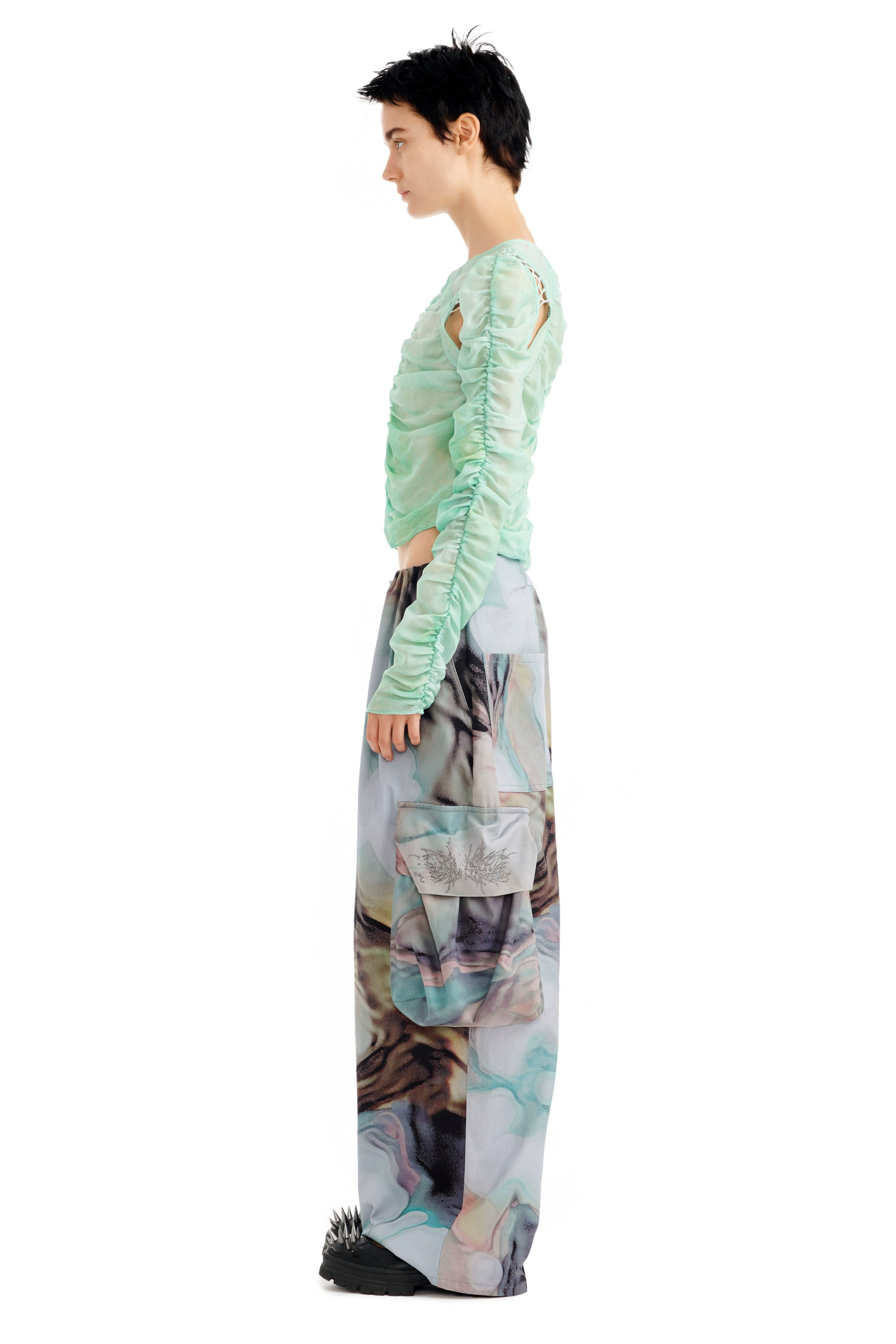 RHINESTONE OIL MOLD PLEATED CARGO PANT - 4