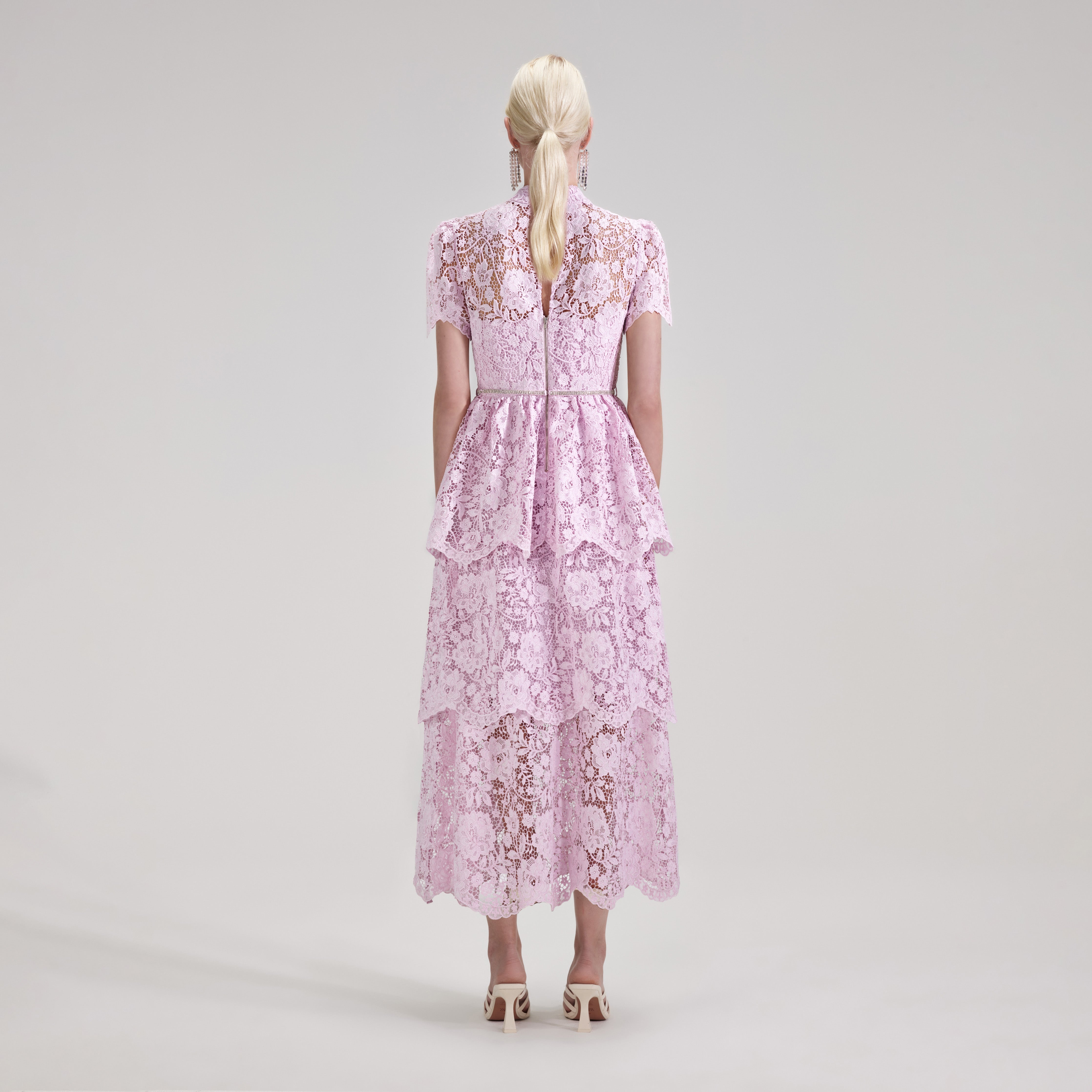 self-portrait Pink Cord Lace Tiered Midi Dress | REVERSIBLE