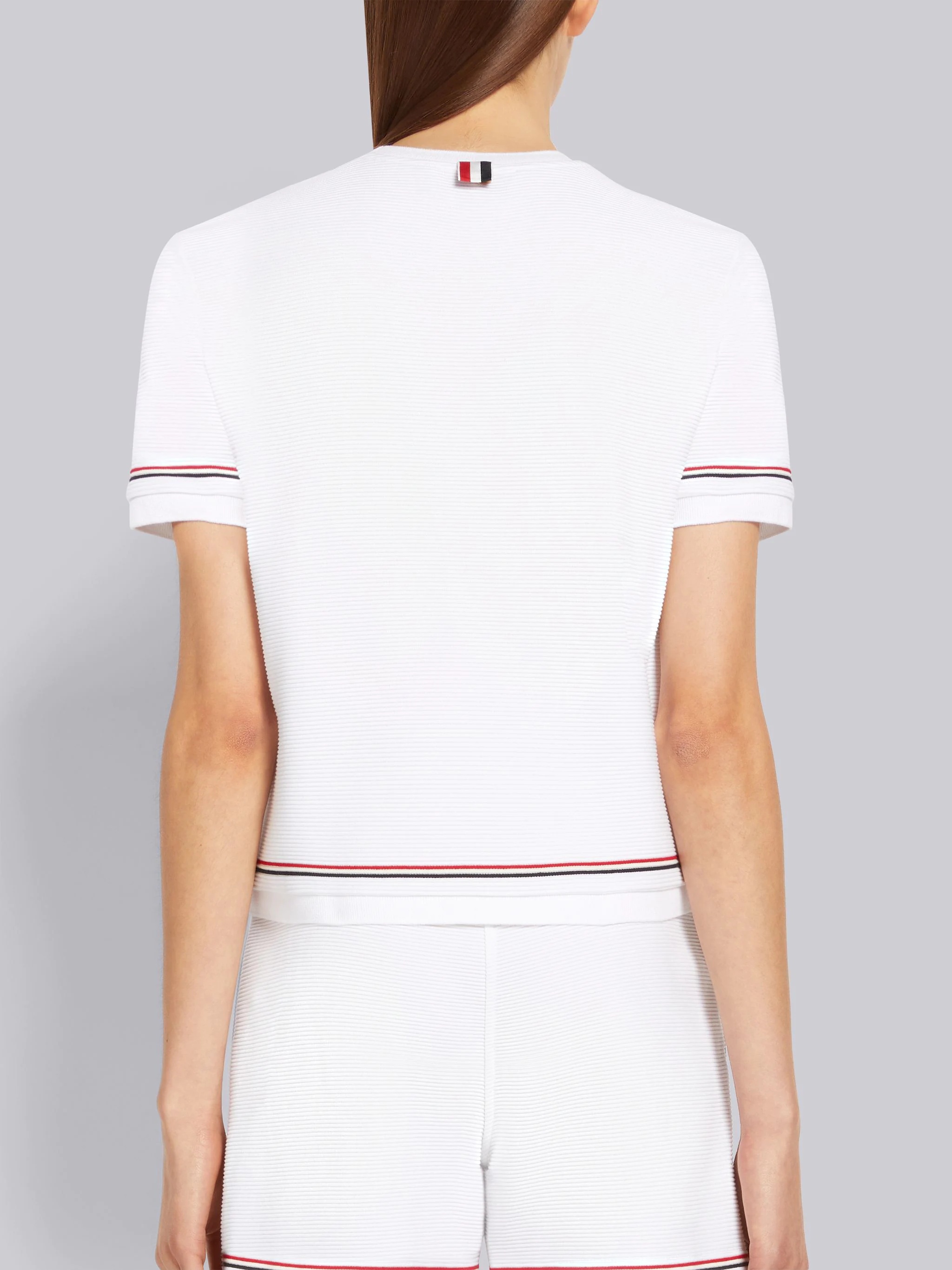 White Ottoman Rib Stripe Hem Short Sleeve Sweatshirt - 3