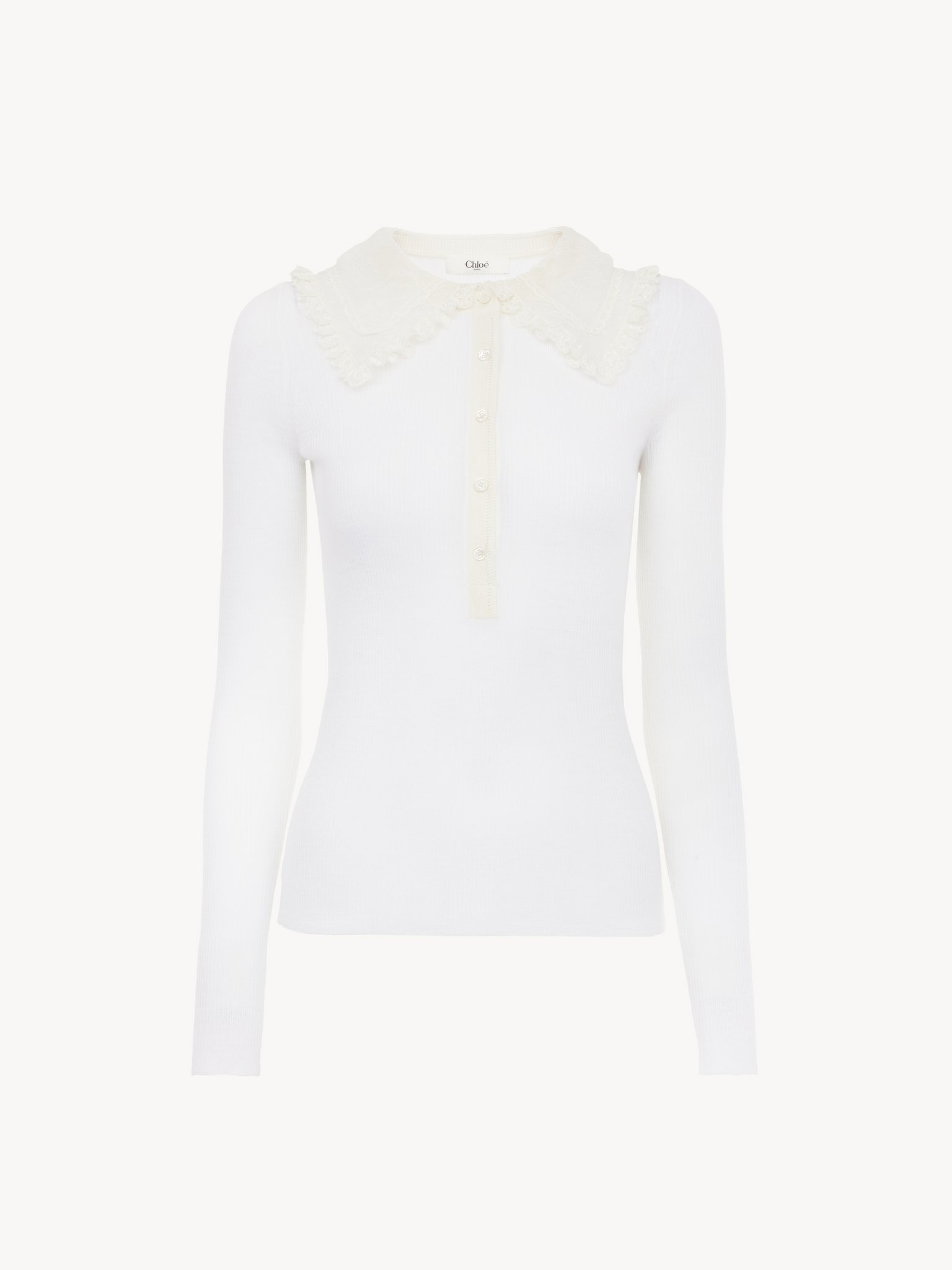 COLLARED HENLEY SHIRT IN SUPERFINE WOOL KNIT & LACE - 2