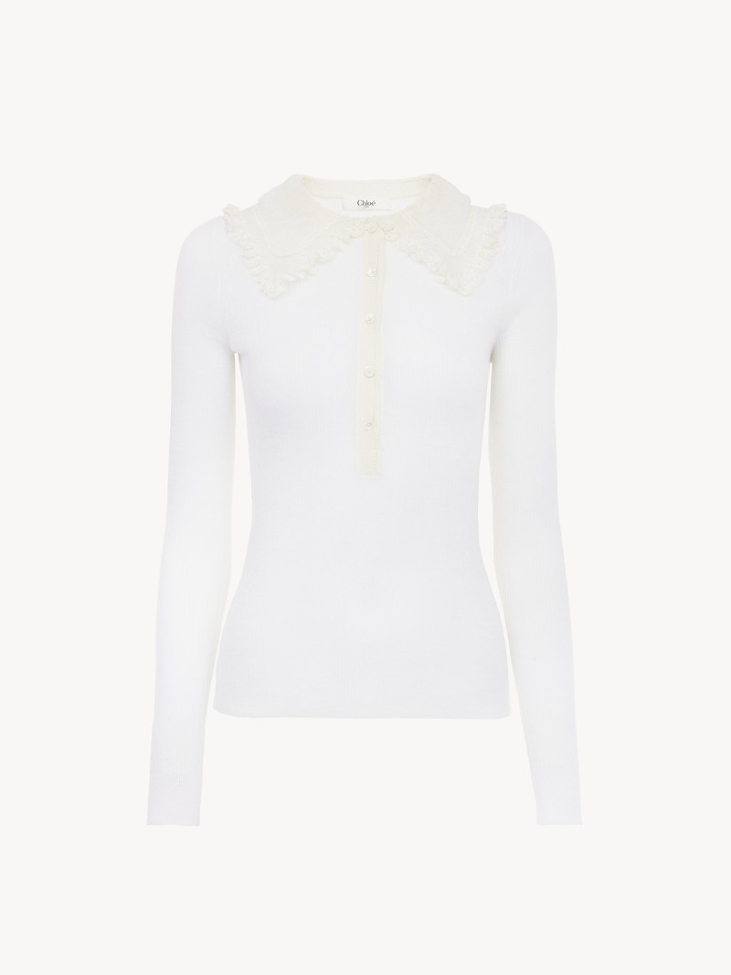 Chloé COLLARED HENLEY SHIRT IN SUPERFINE WOOL KNIT & LACE outlook