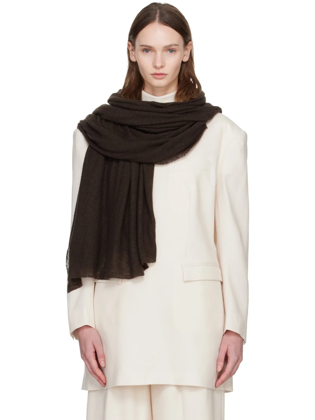 Brown Cashmere Knit Stole Scarf - 1