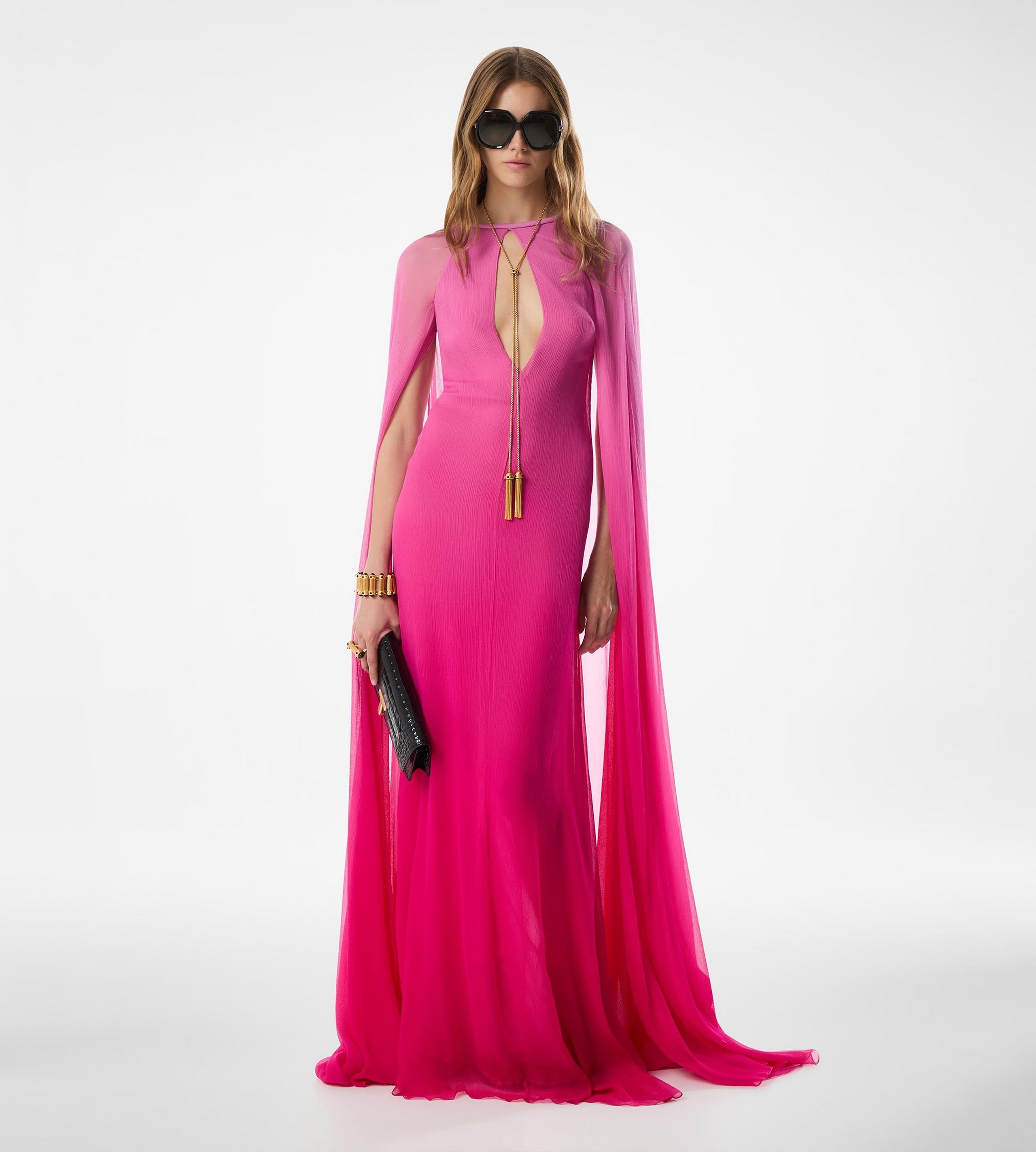 EVENING DRESS WITH KEYHOLE NECKLINE AND LONG CAPE SLEEVES - 3