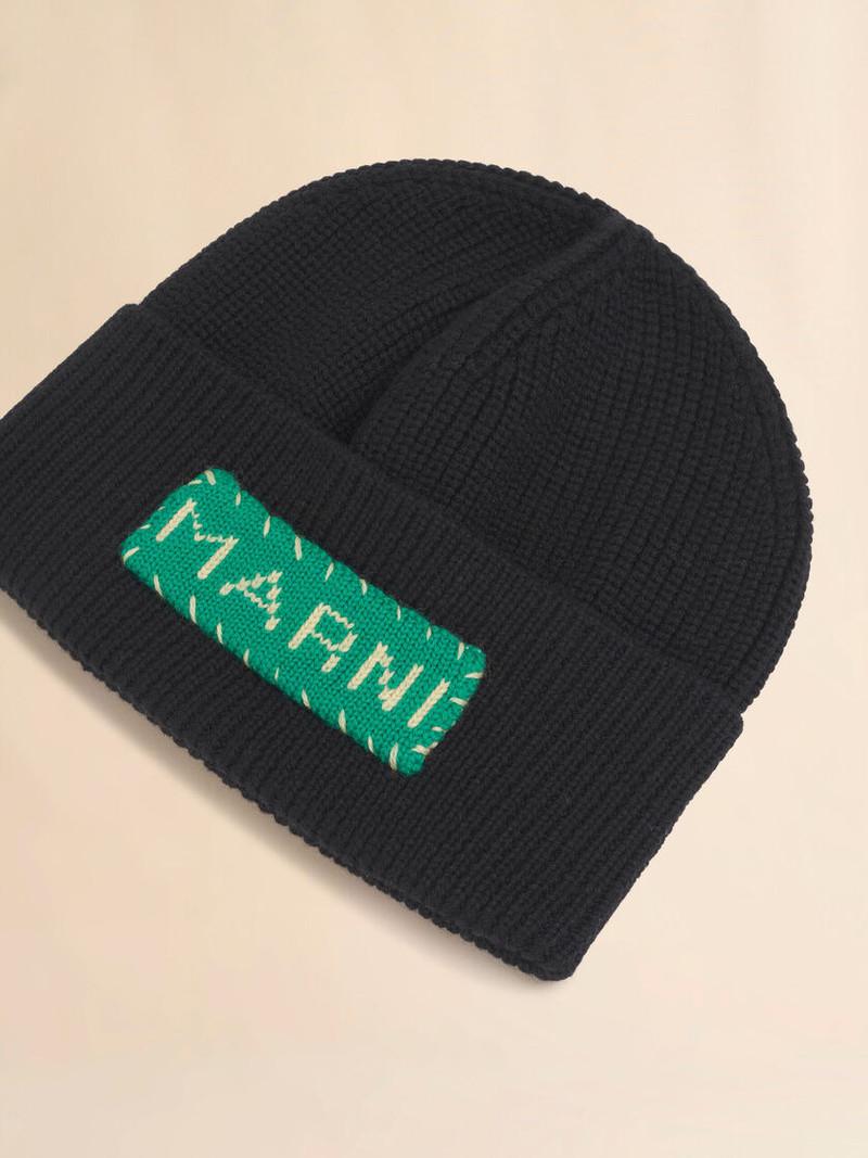 BLACK WOOL FISHERMAN'S RIB BEANIE WITH MARNI PATCH 4