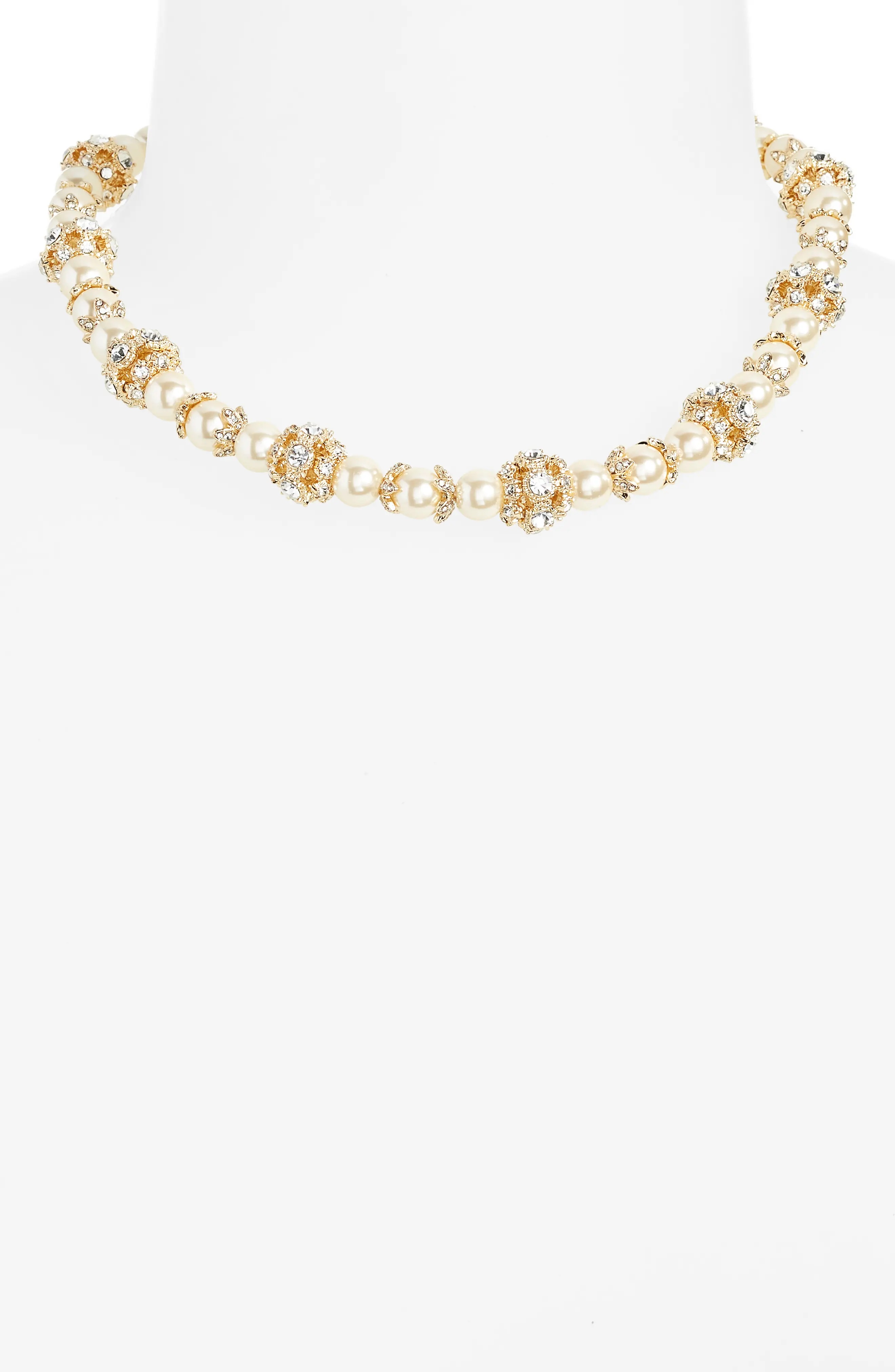 Pavé Station Imitation Pearl Collar Necklace in Gold/Blush/Cry - 2