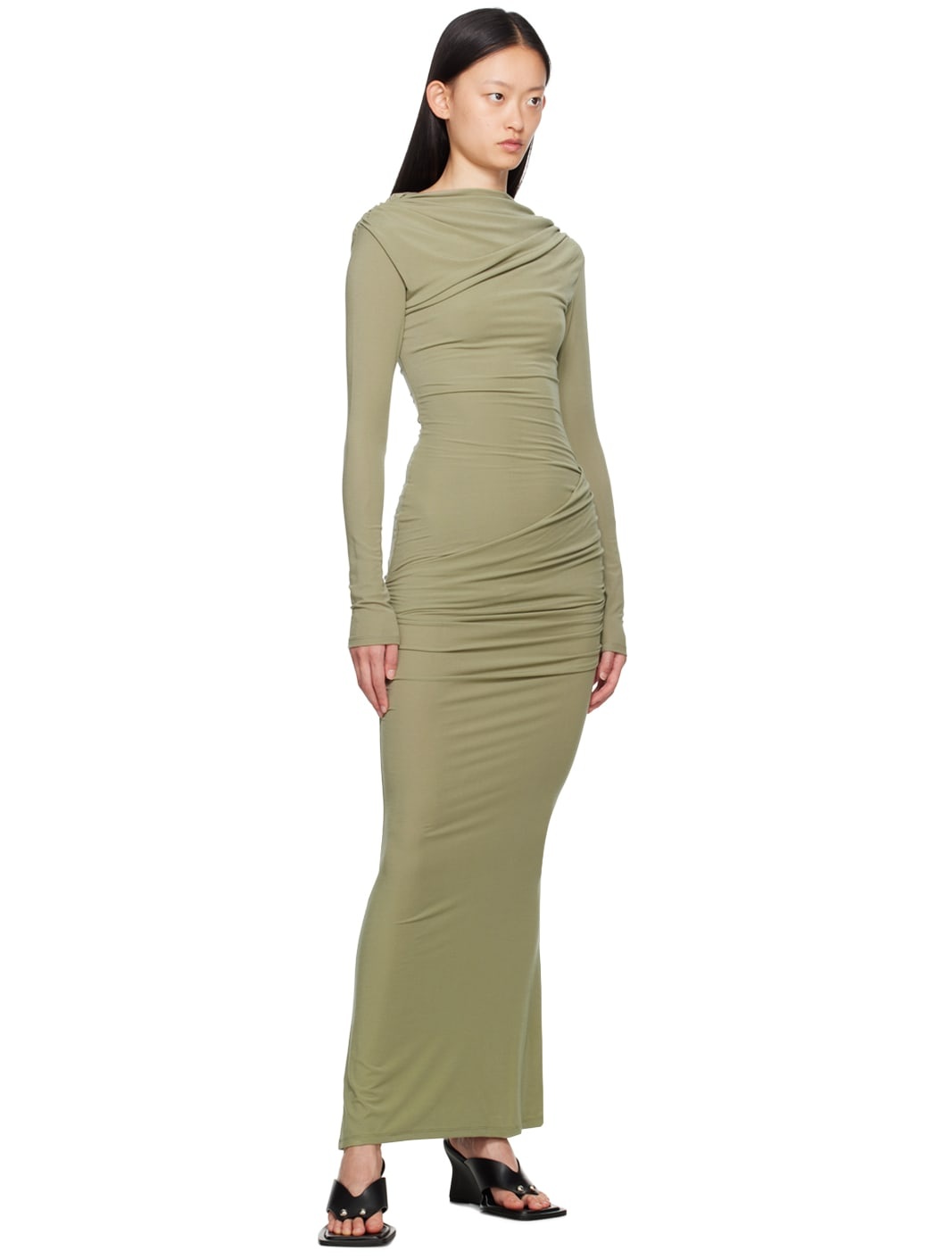 Khaki Draped Maxi Dress - 4