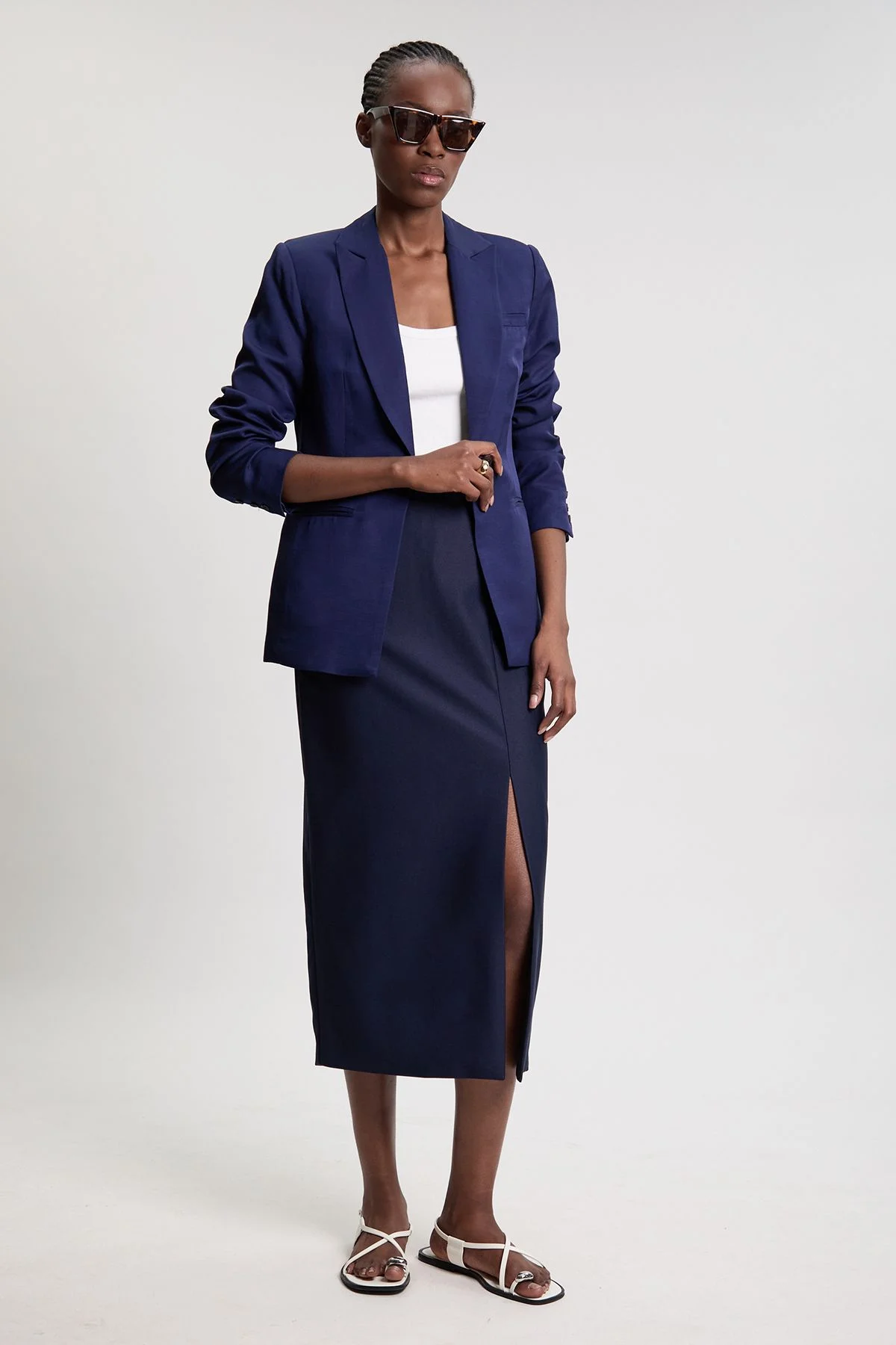 Tailored Satin Pencil Midi Skirt - 1